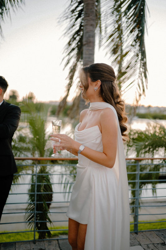 Minimalist Satin Corset High Low Wedding Dress with Scarf | Nour