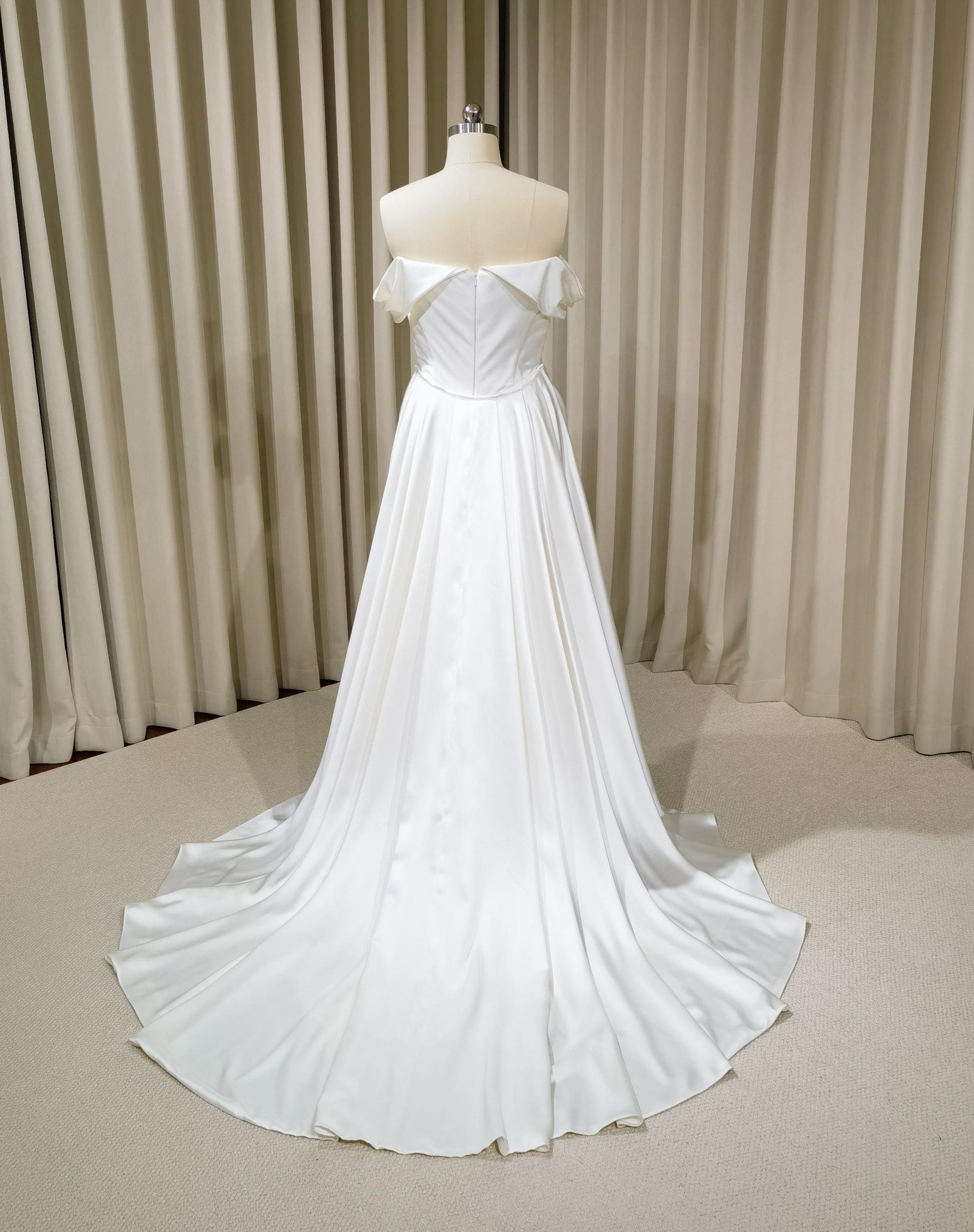 Minimalist Off Shoulder Satin Corset Wedding Dress with Detachable Train | Viviana