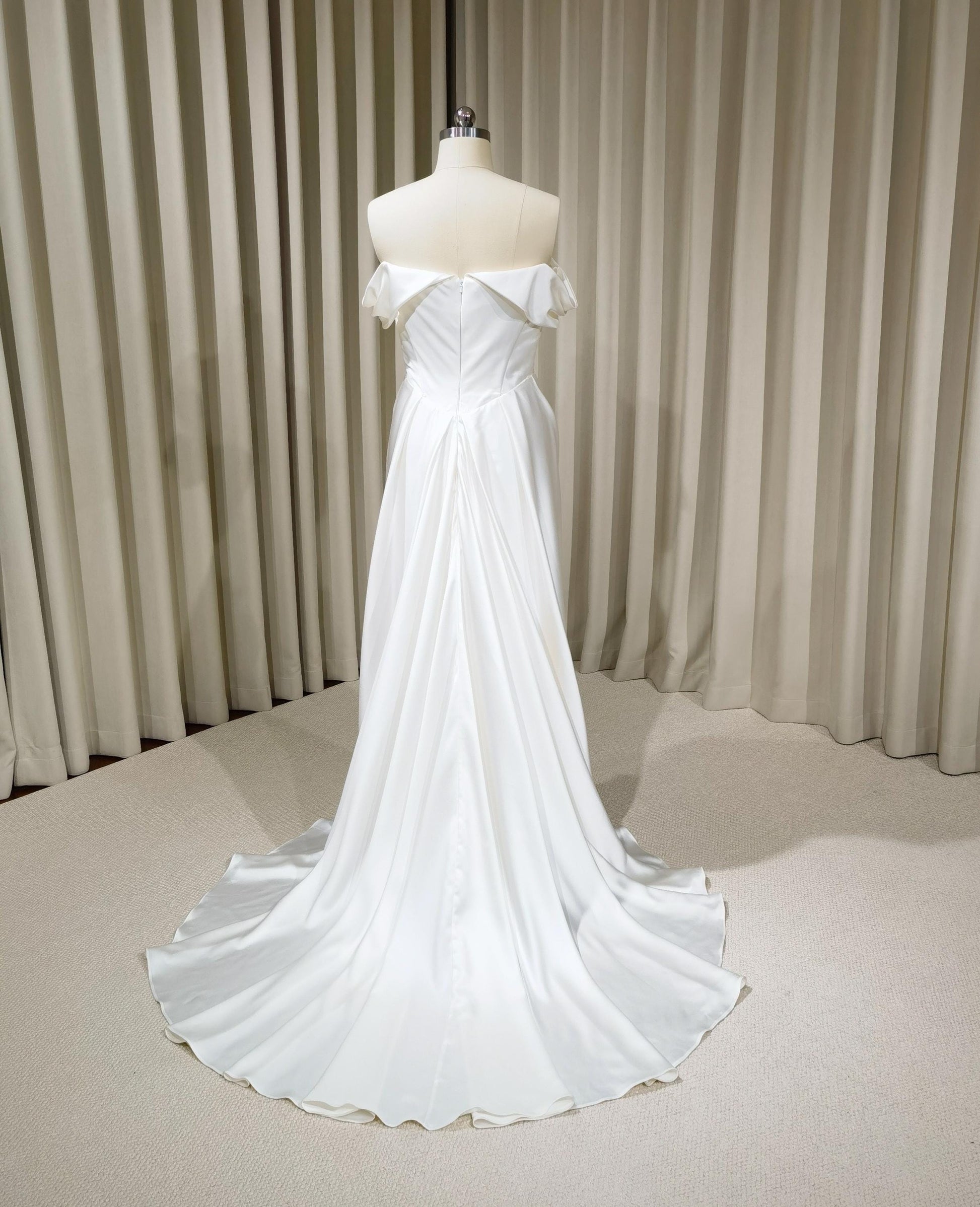 Minimalist Off Shoulder Satin Corset Wedding Dress with Detachable Train | Viviana