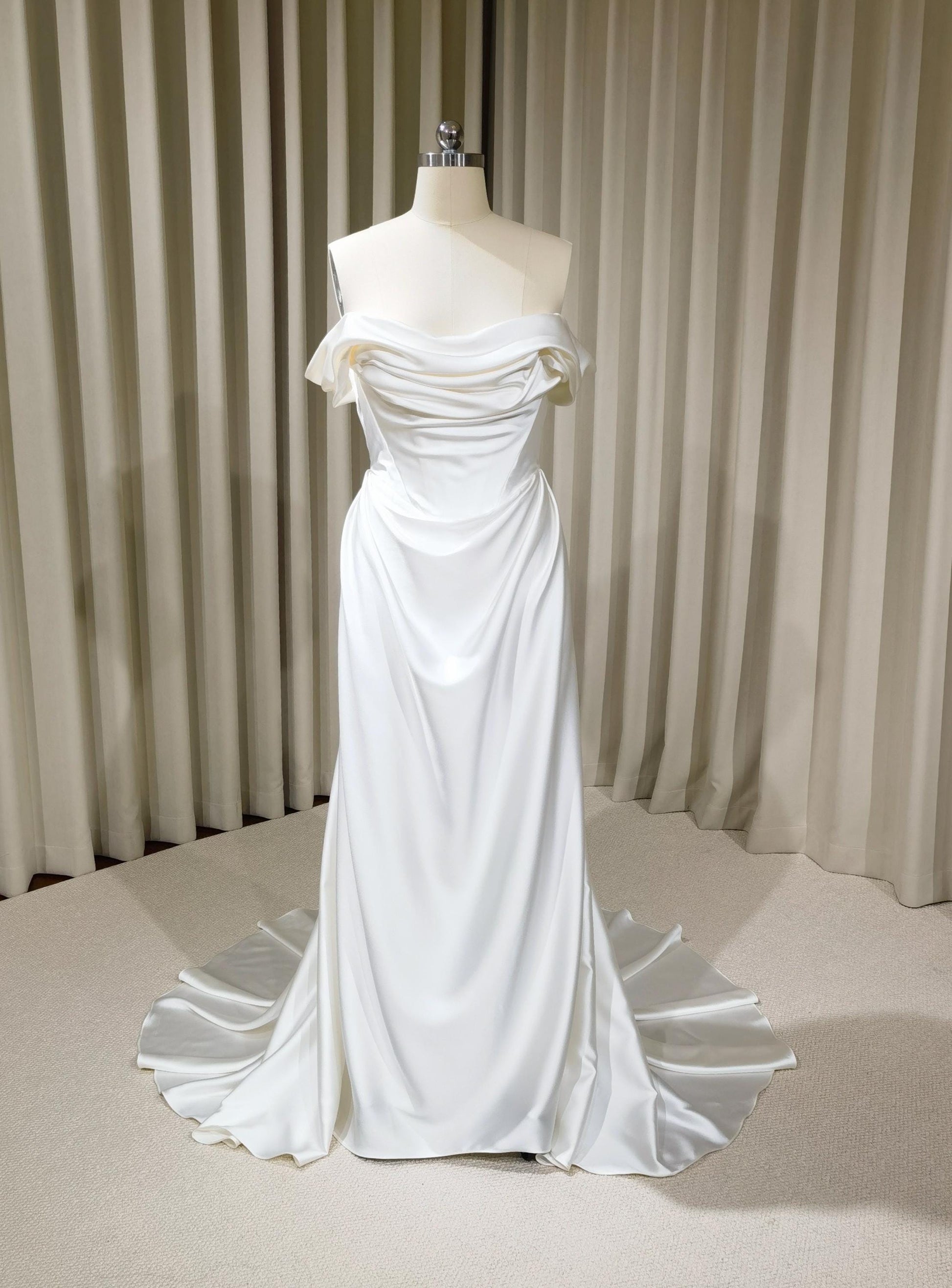 Minimalist Off Shoulder Satin Corset Wedding Dress with Detachable Train | Viviana