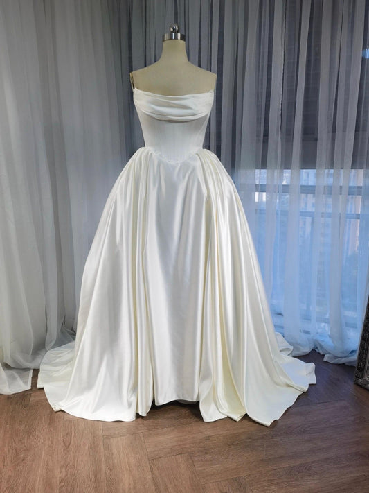 Minimalist Strapless Satin Basque Waist Corset Wedding Ballgown | Cindy