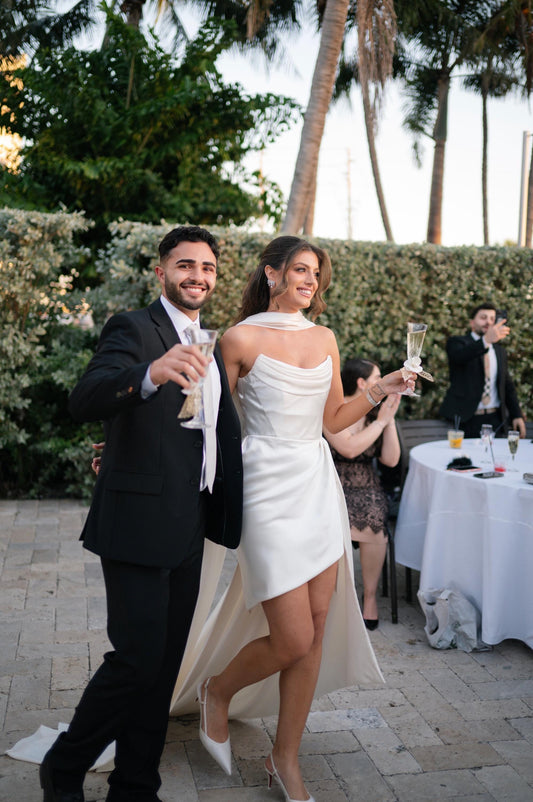 Minimalist Satin Corset High Low Wedding Dress with Scarf | Nour