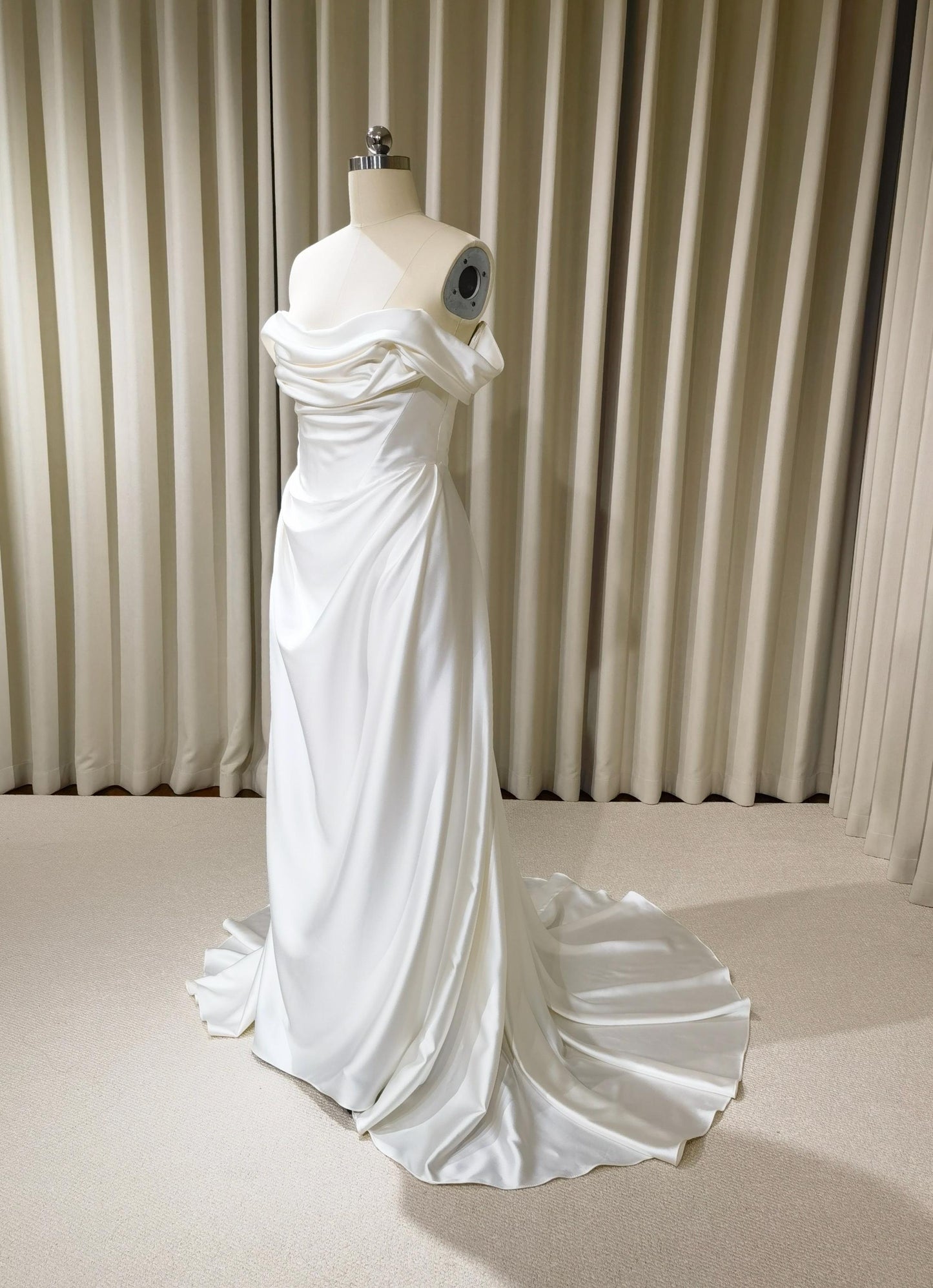 Minimalist Off Shoulder Satin Corset Wedding Dress with Detachable Train | Viviana