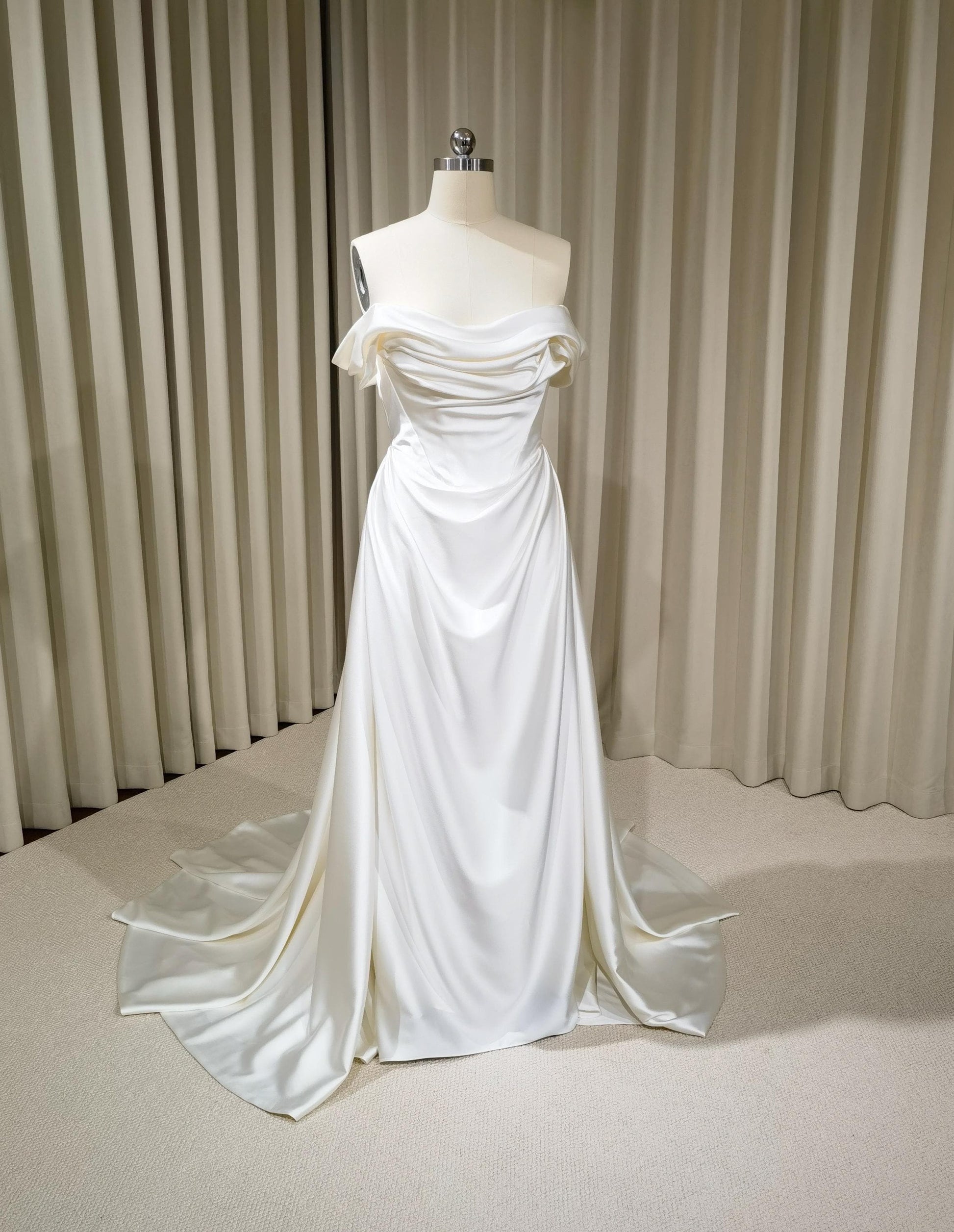 Minimalist Off Shoulder Satin Corset Wedding Dress with Detachable Train | Viviana