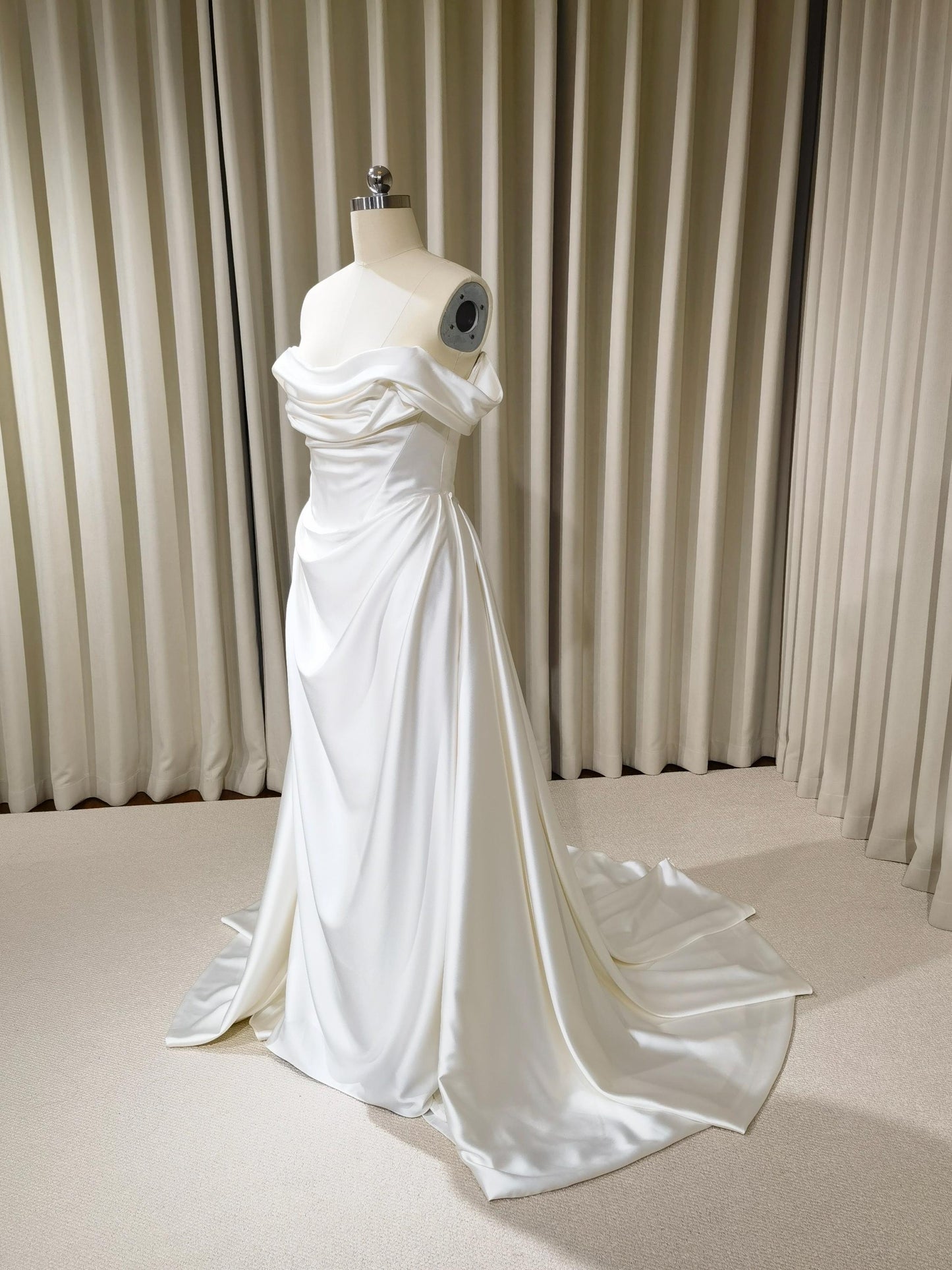 Minimalist Off Shoulder Satin Corset Wedding Dress with Detachable Train | Viviana