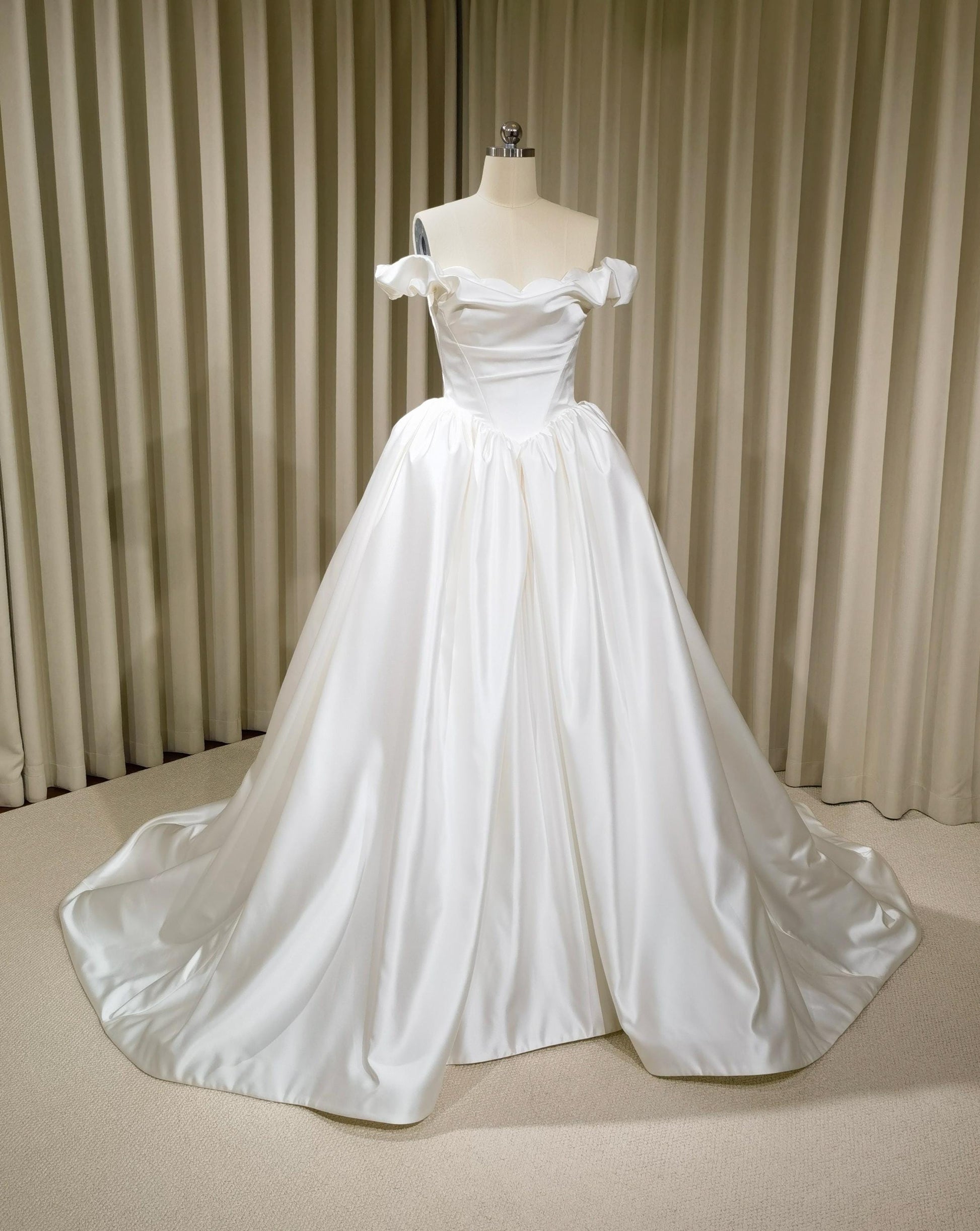 Off Shoulder Basque Waist Unique Satin Wedding Ballgown | Bianca