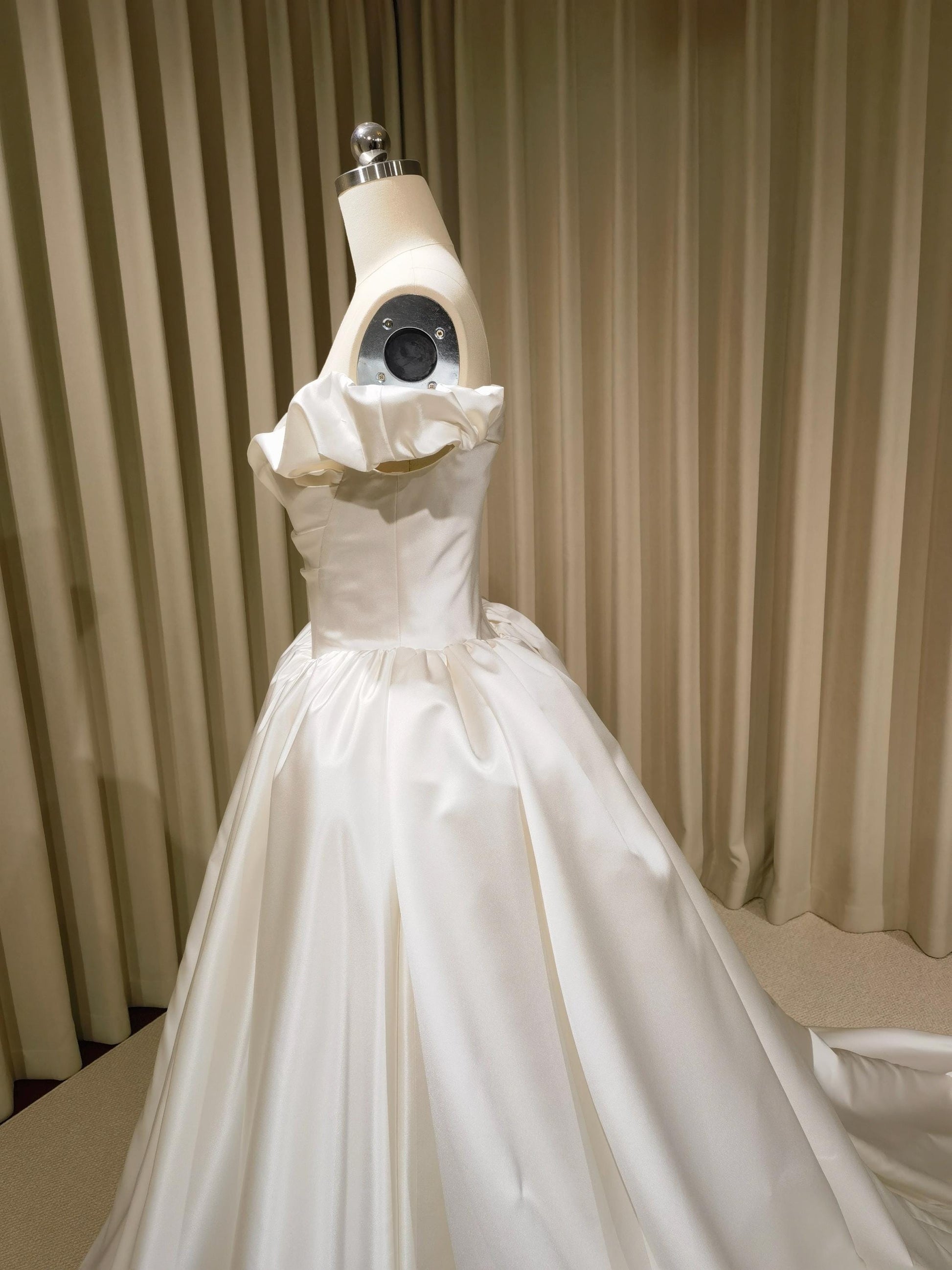 Off Shoulder Basque Waist Unique Satin Wedding Ballgown | Bianca