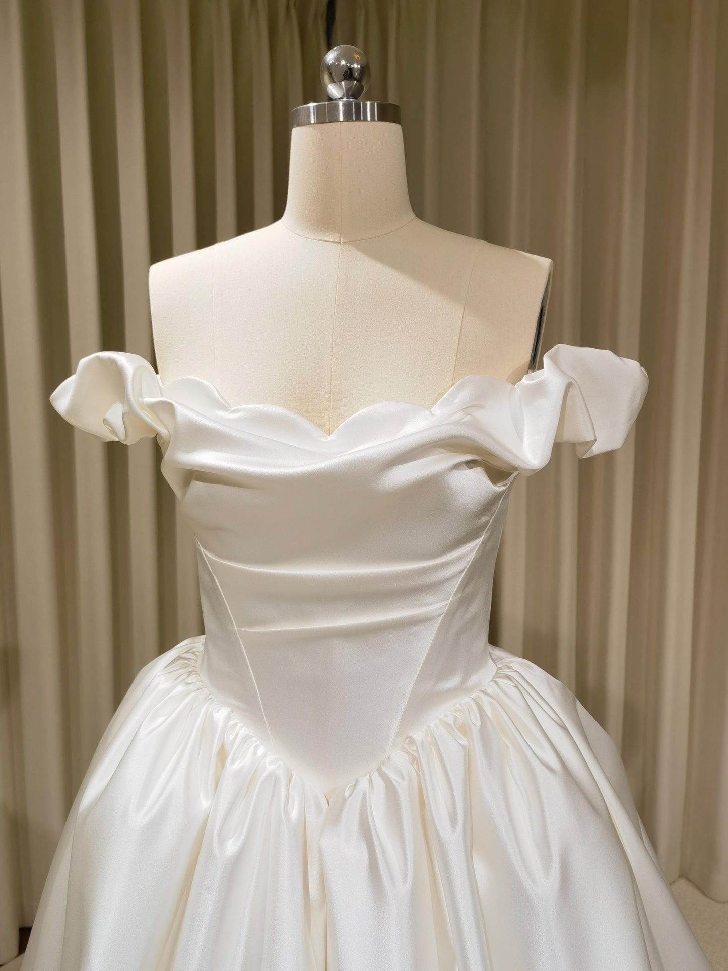 Off Shoulder Basque Waist Unique Satin Wedding Ballgown | Bianca