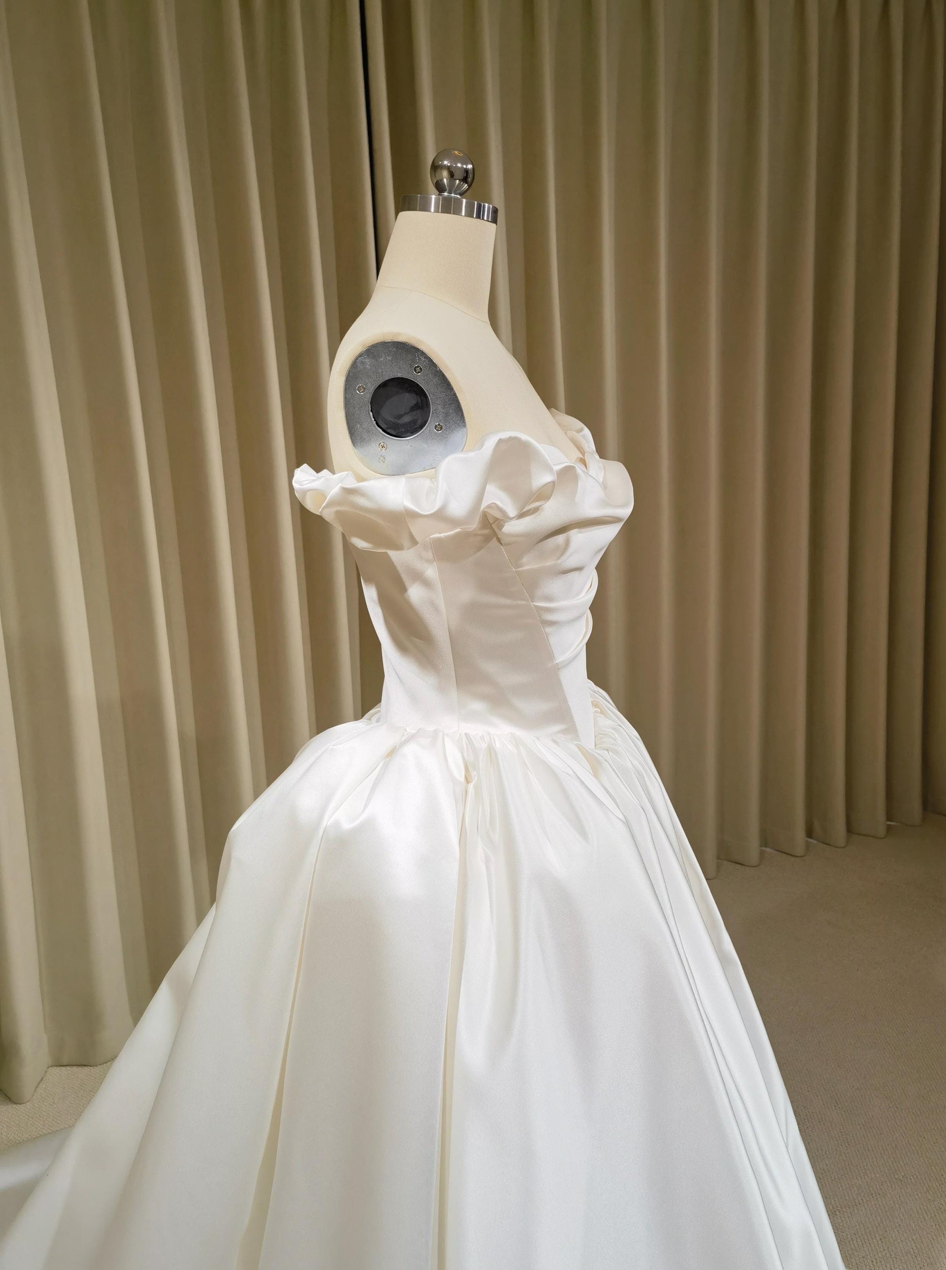 Off Shoulder Basque Waist Unique Satin Wedding Ballgown | Bianca