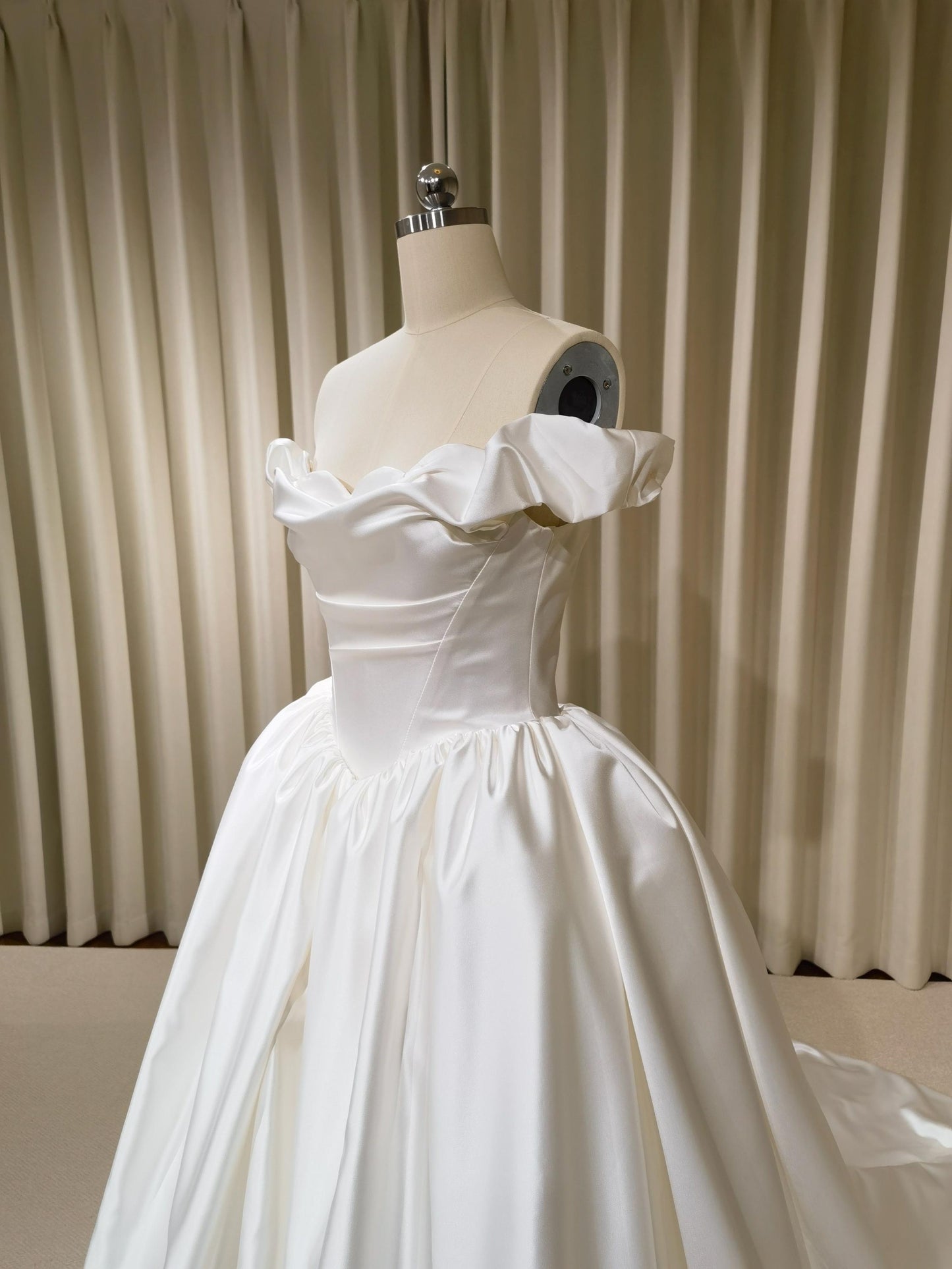 Off Shoulder Basque Waist Unique Satin Wedding Ballgown | Bianca