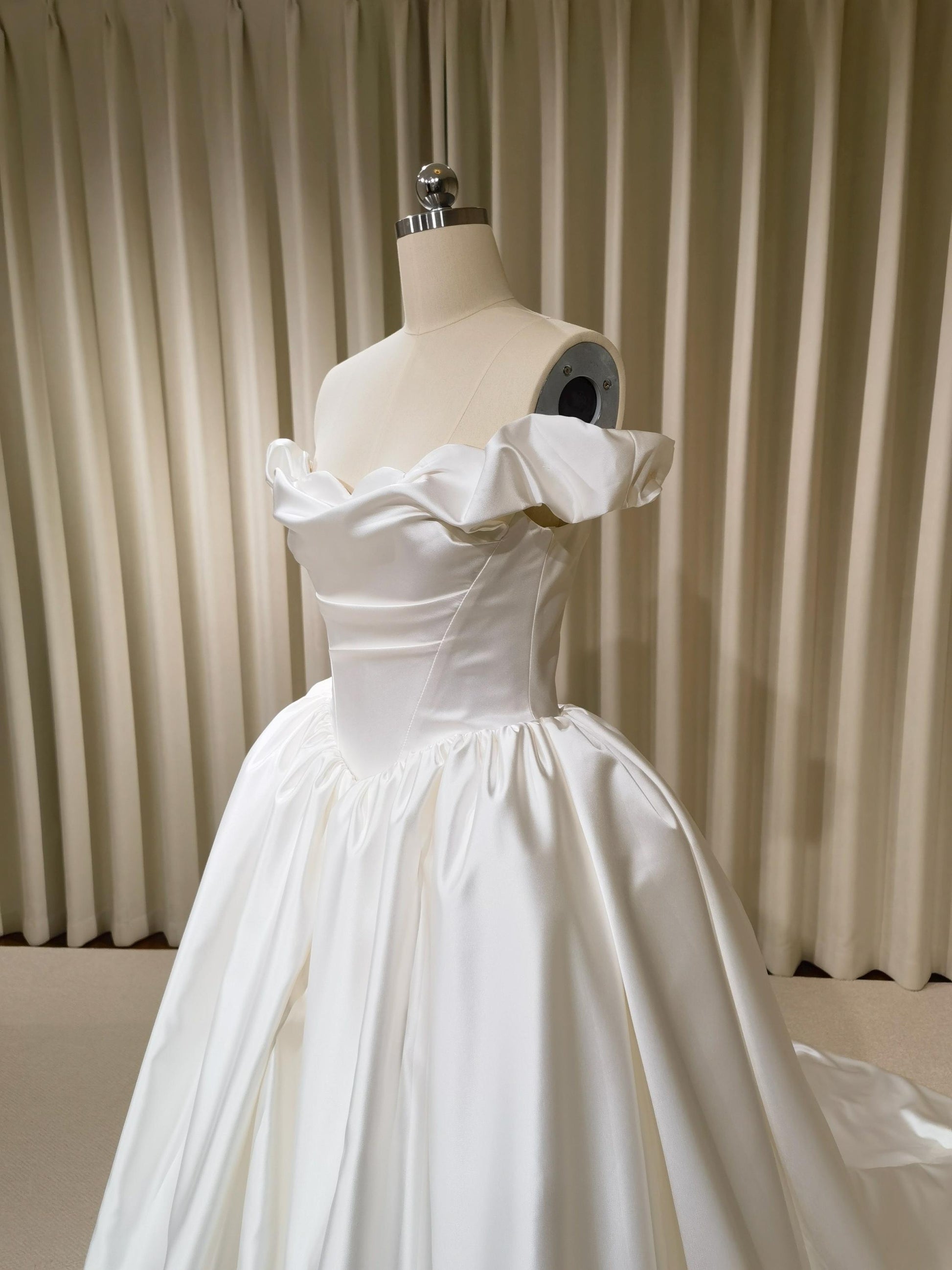 Off Shoulder Basque Waist Unique Satin Wedding Ballgown | Bianca