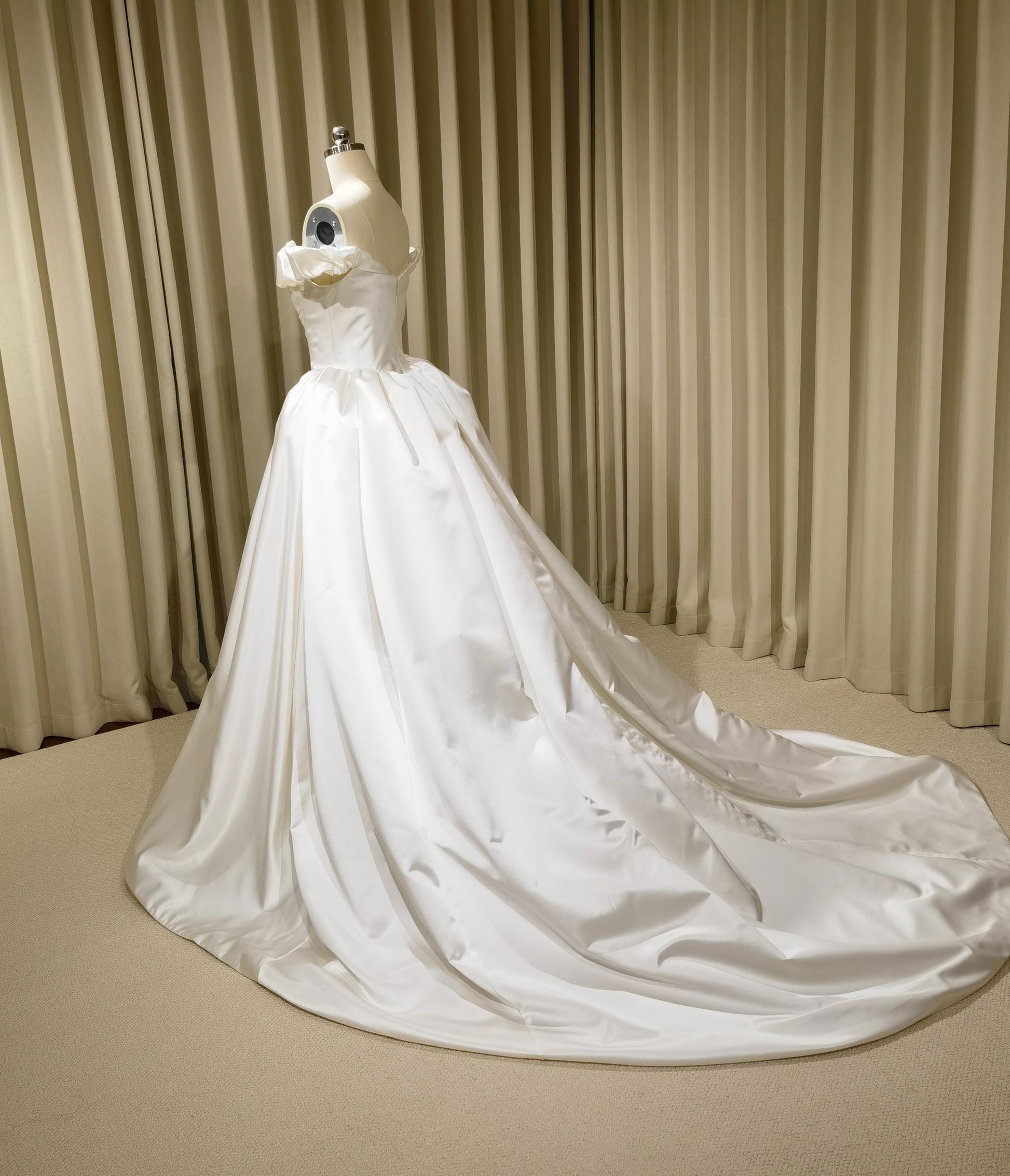 Off Shoulder Basque Waist Unique Satin Wedding Ballgown | Bianca