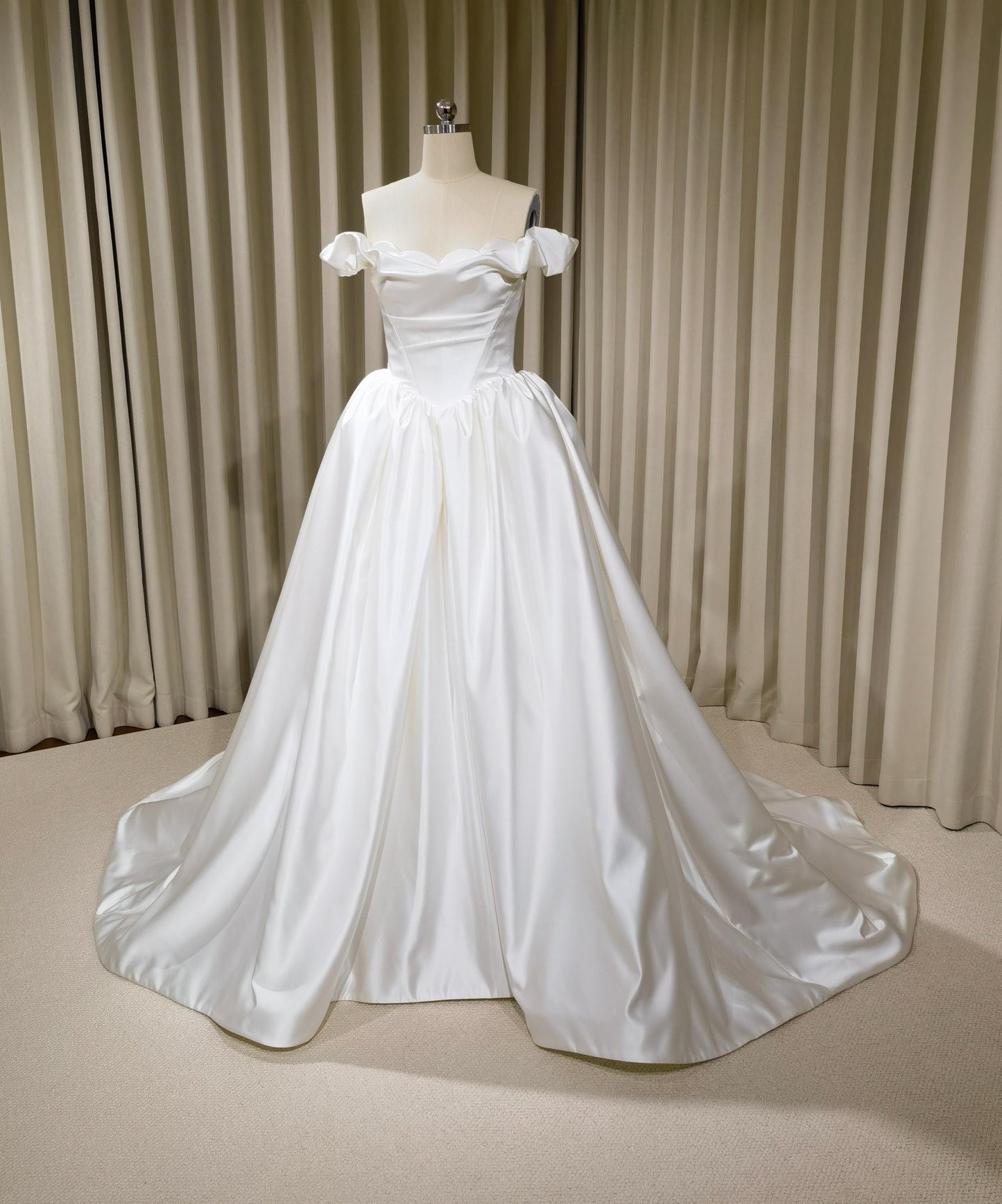 Off Shoulder Basque Waist Unique Satin Wedding Ballgown | Bianca