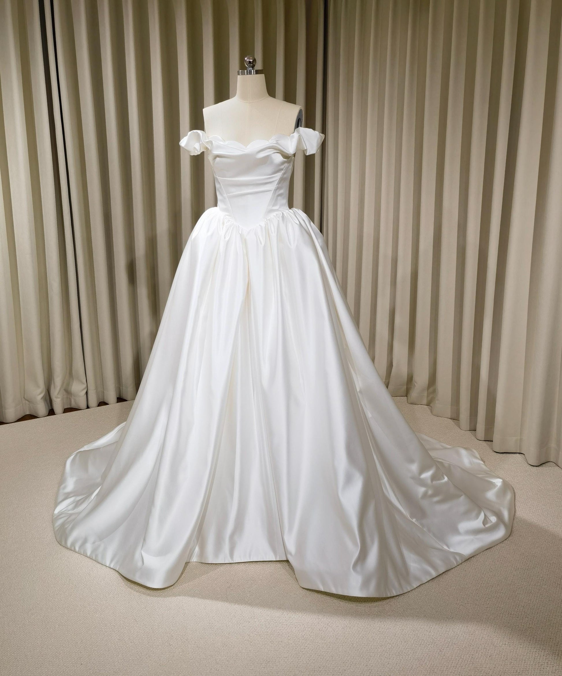 Off Shoulder Basque Waist Unique Satin Wedding Ballgown | Bianca