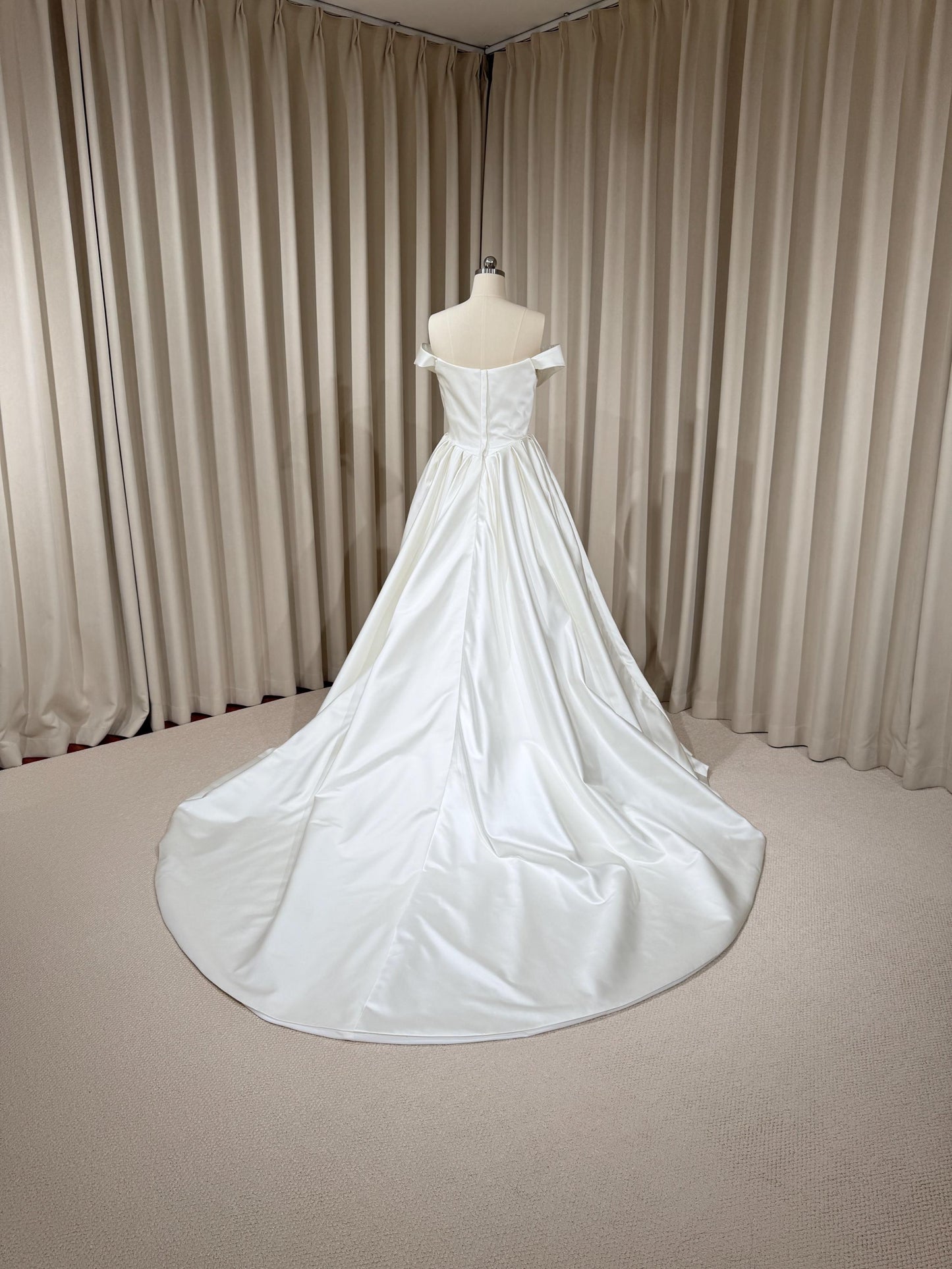 Off Shoulder Basque Waist Unique Satin Wedding Ballgown | Aurelia