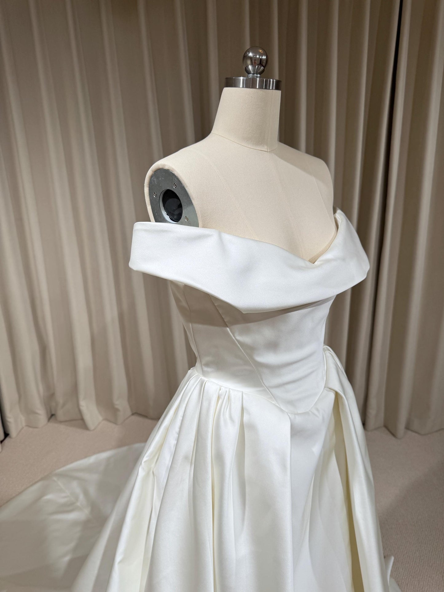 Off Shoulder Basque Waist Unique Satin Wedding Ballgown | Aurelia