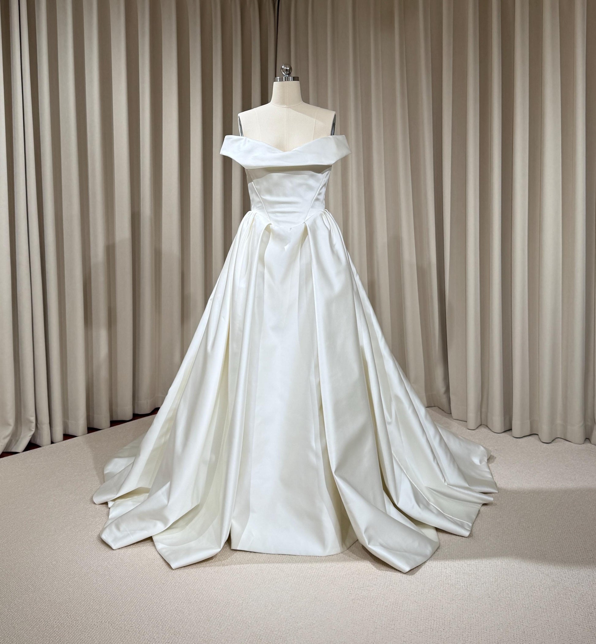 Off Shoulder Basque Waist Unique Satin Wedding Ballgown | Aurelia