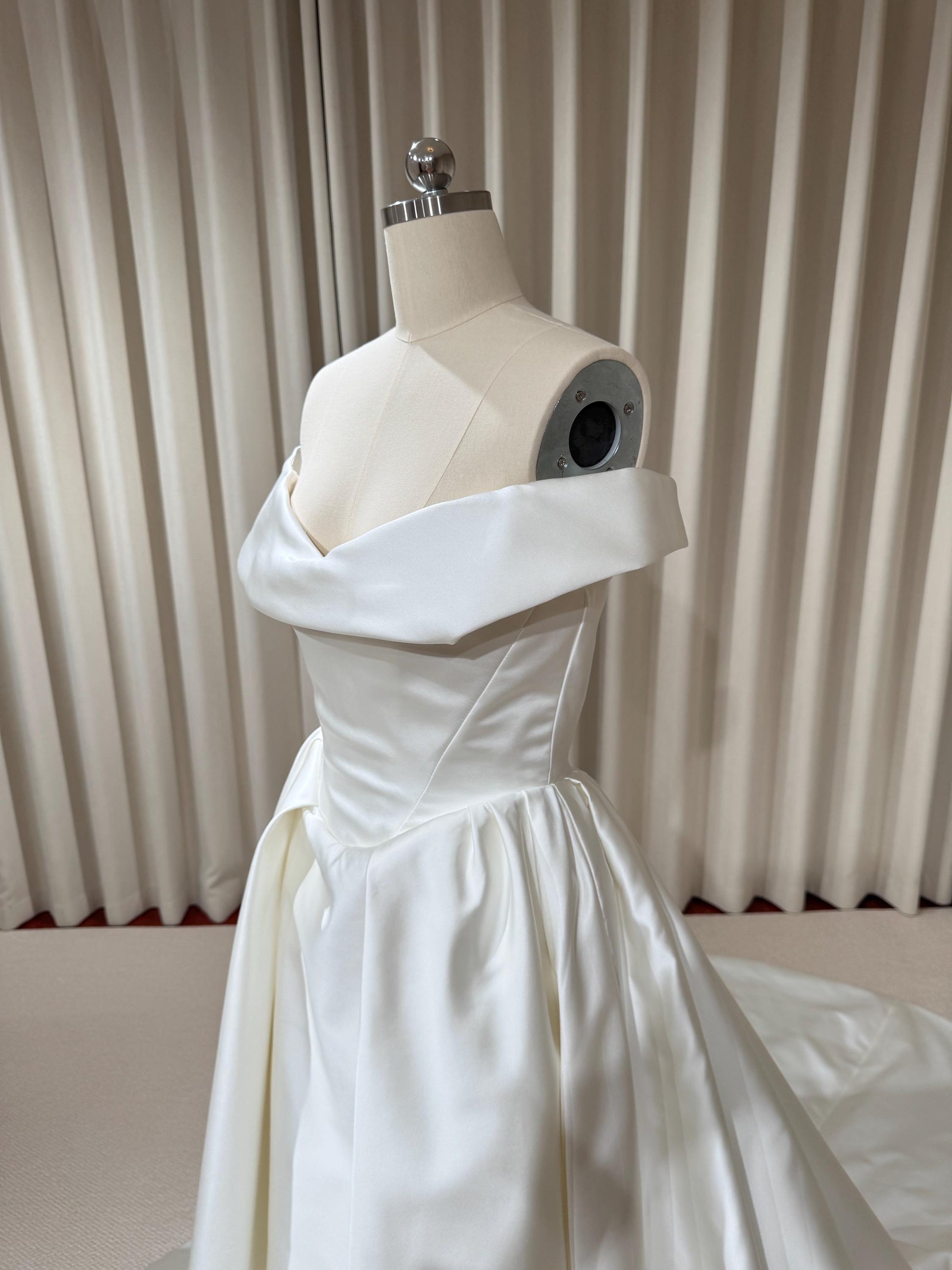 Off Shoulder Basque Waist Unique Satin Wedding Ballgown | Aurelia