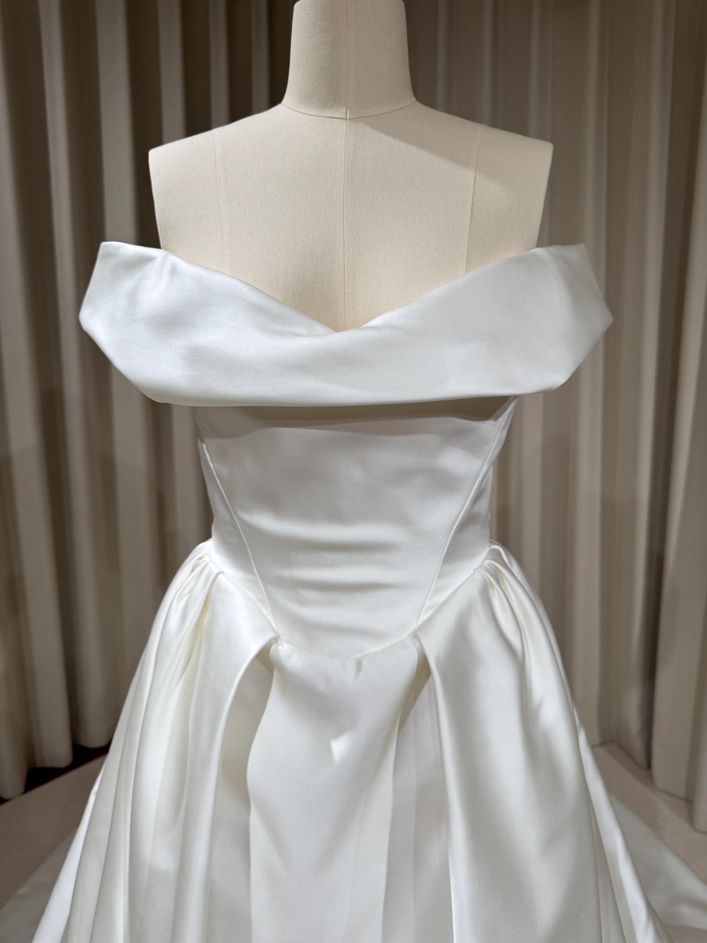 Off Shoulder Basque Waist Unique Satin Wedding Ballgown | Aurelia