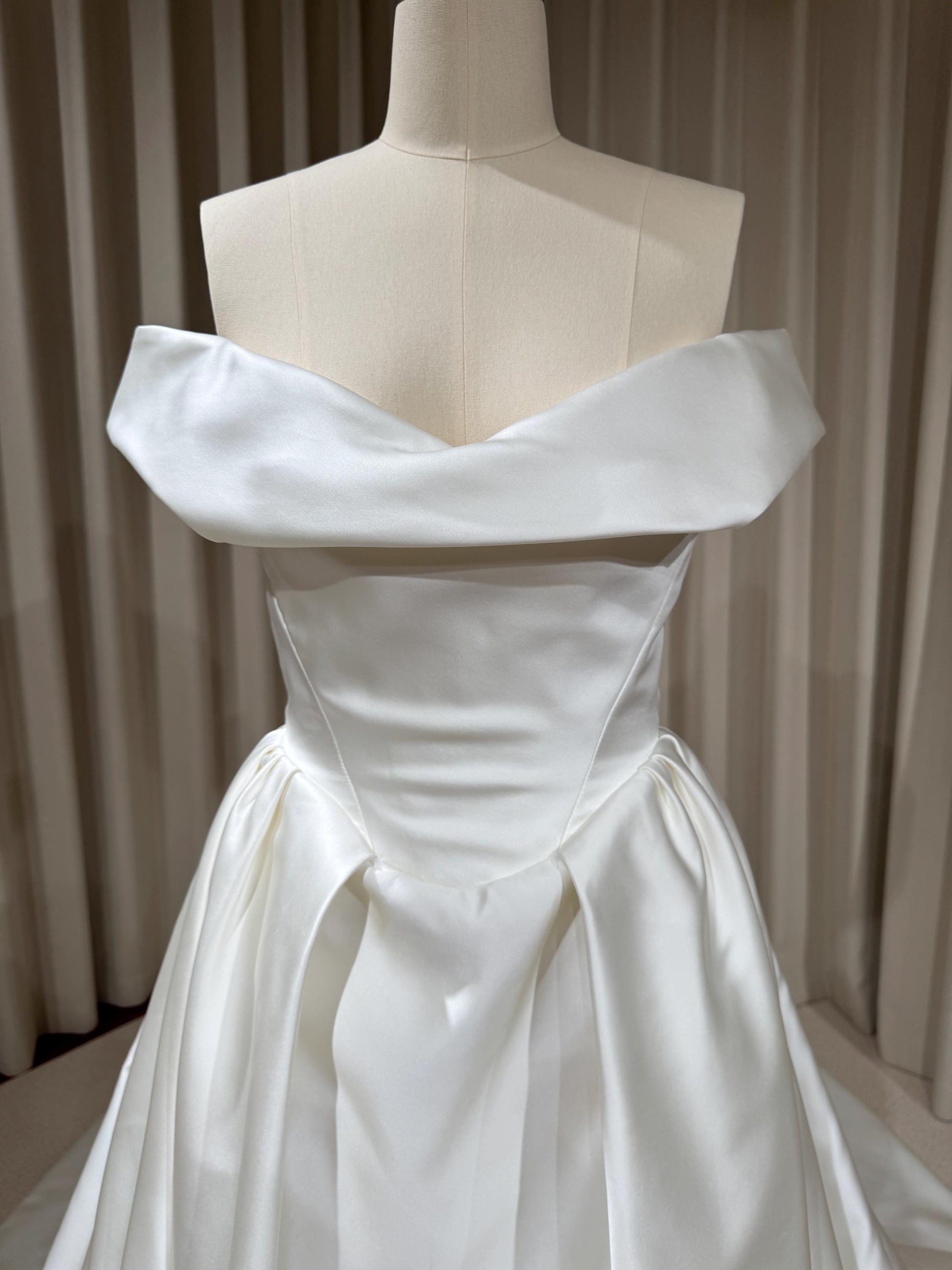 Off Shoulder Basque Waist Unique Satin Wedding Ballgown | Aurelia