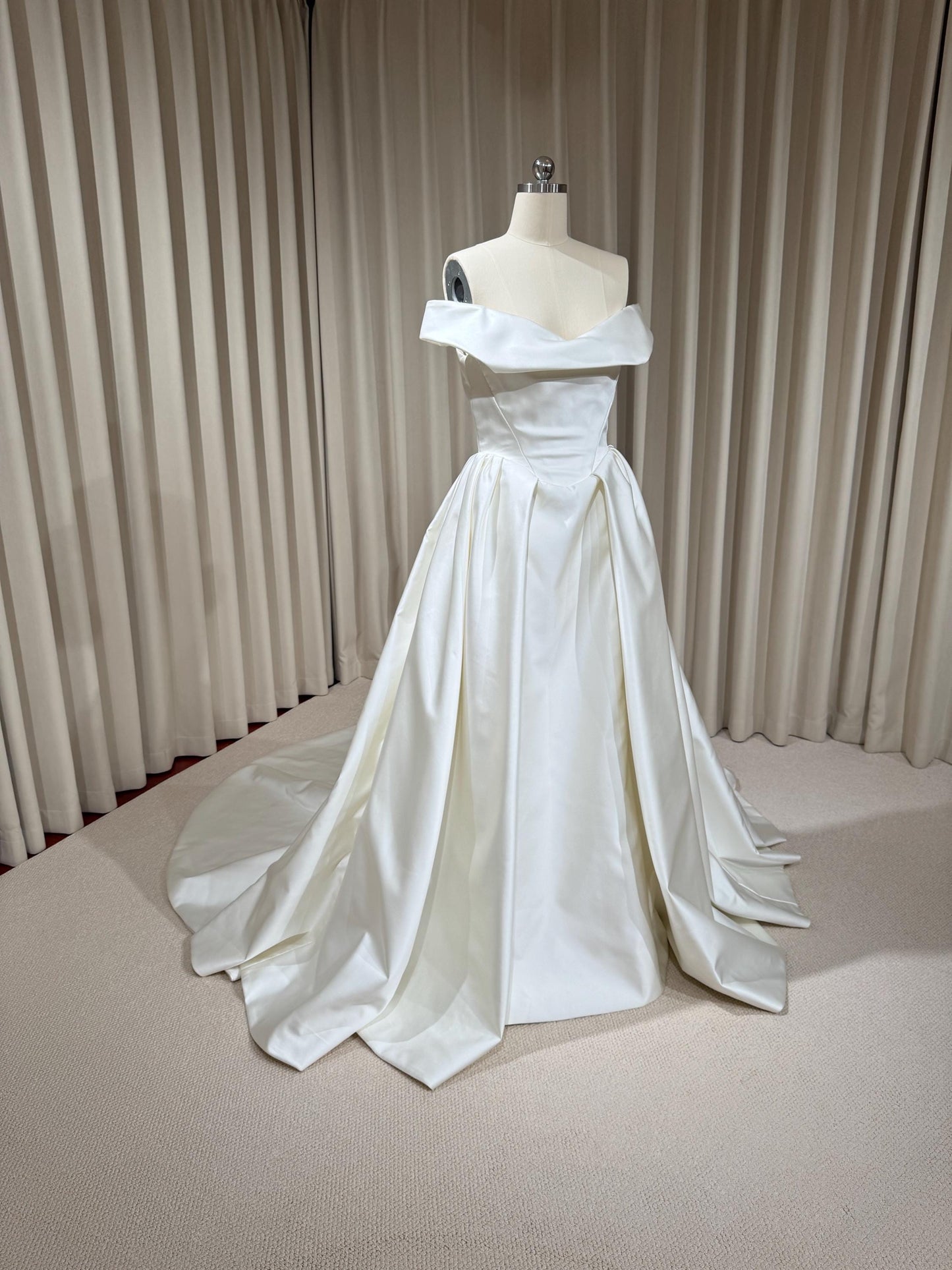 Off Shoulder Basque Waist Unique Satin Wedding Ballgown | Aurelia