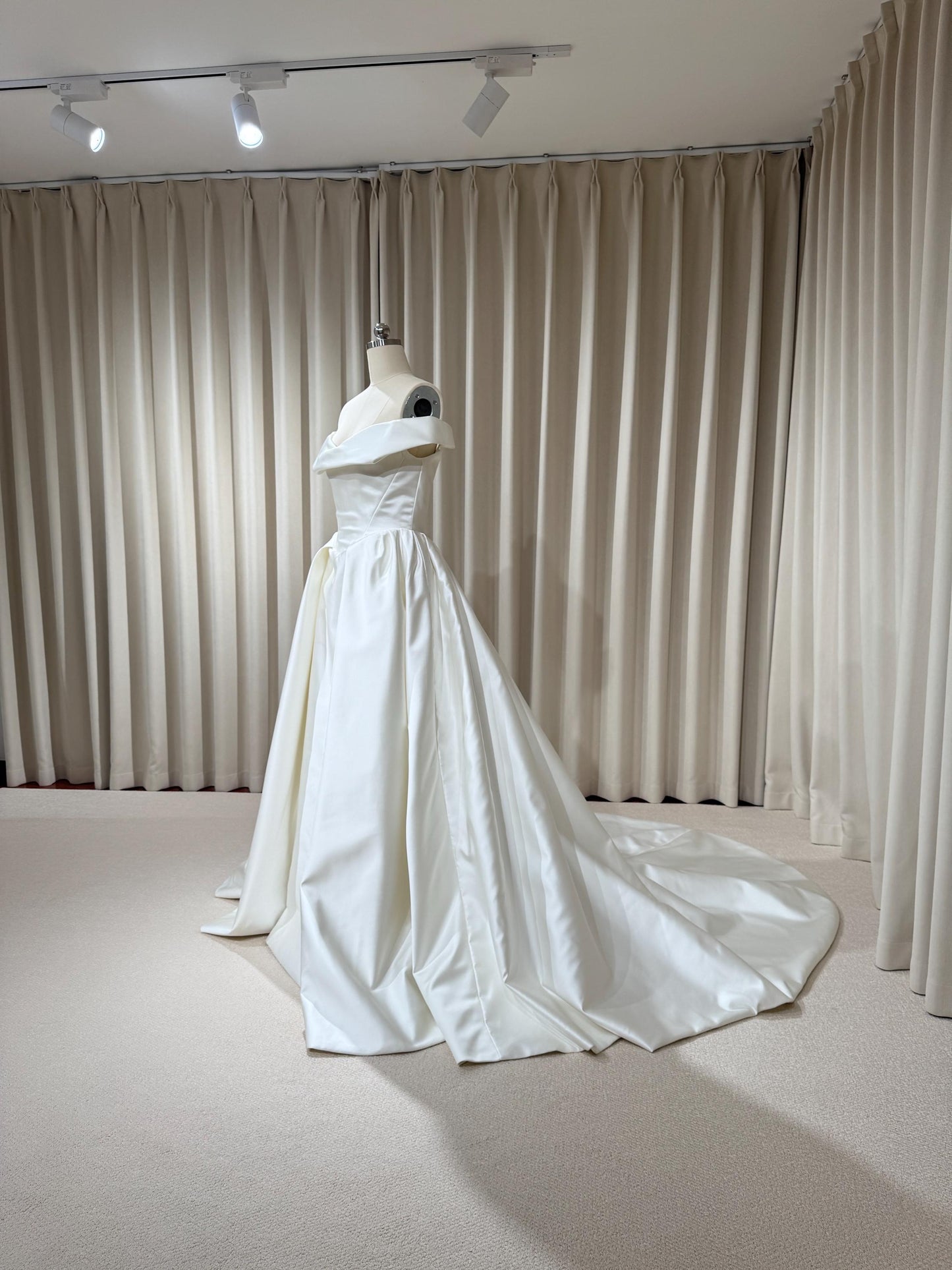 Off Shoulder Basque Waist Unique Satin Wedding Ballgown | Aurelia