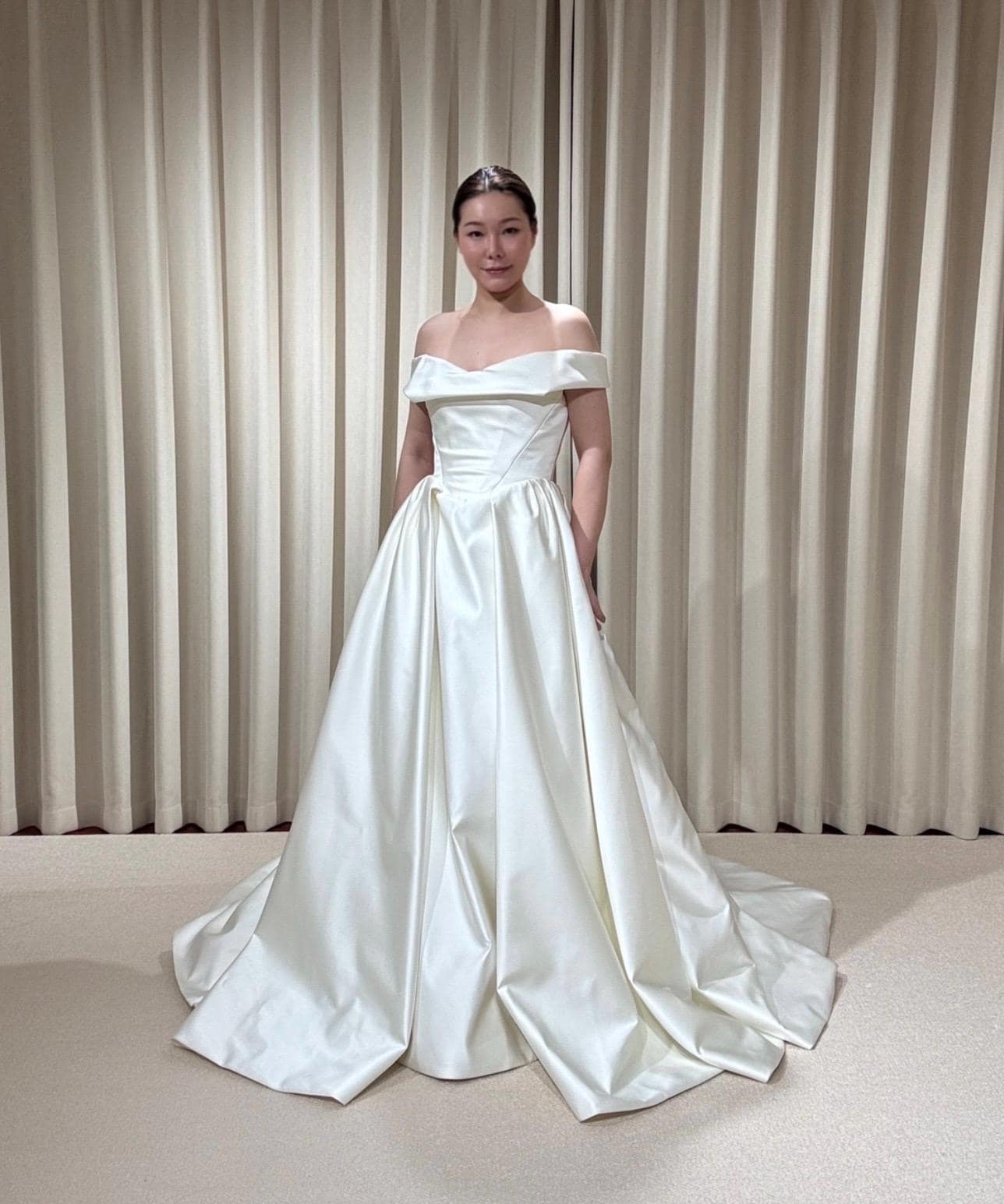 Off Shoulder Basque Waist Unique Satin Wedding Ballgown | Aurelia
