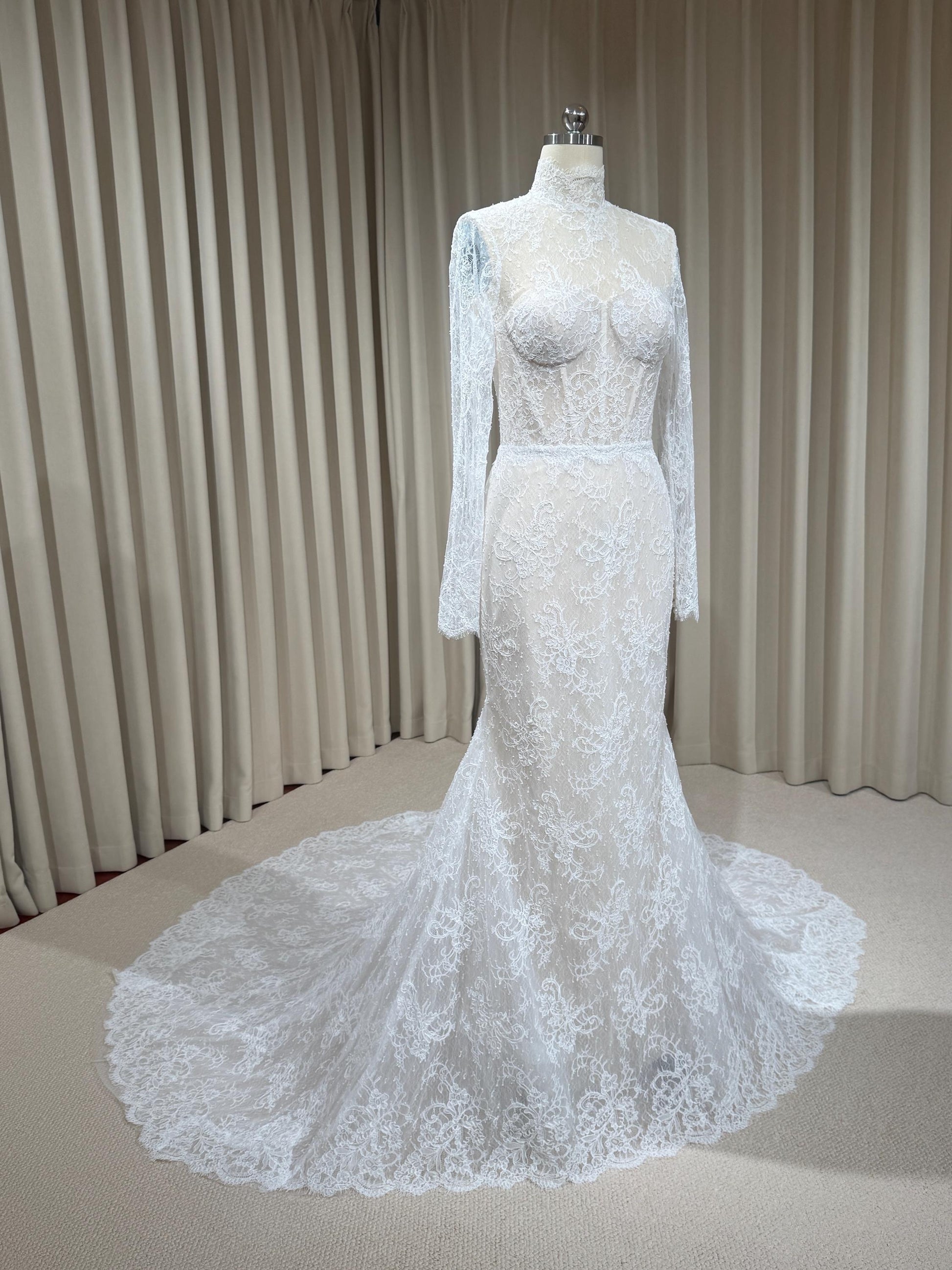 High Neck Long Sleeve Lace Corset Mermaid Wedding Dress with Open Back | Eloise