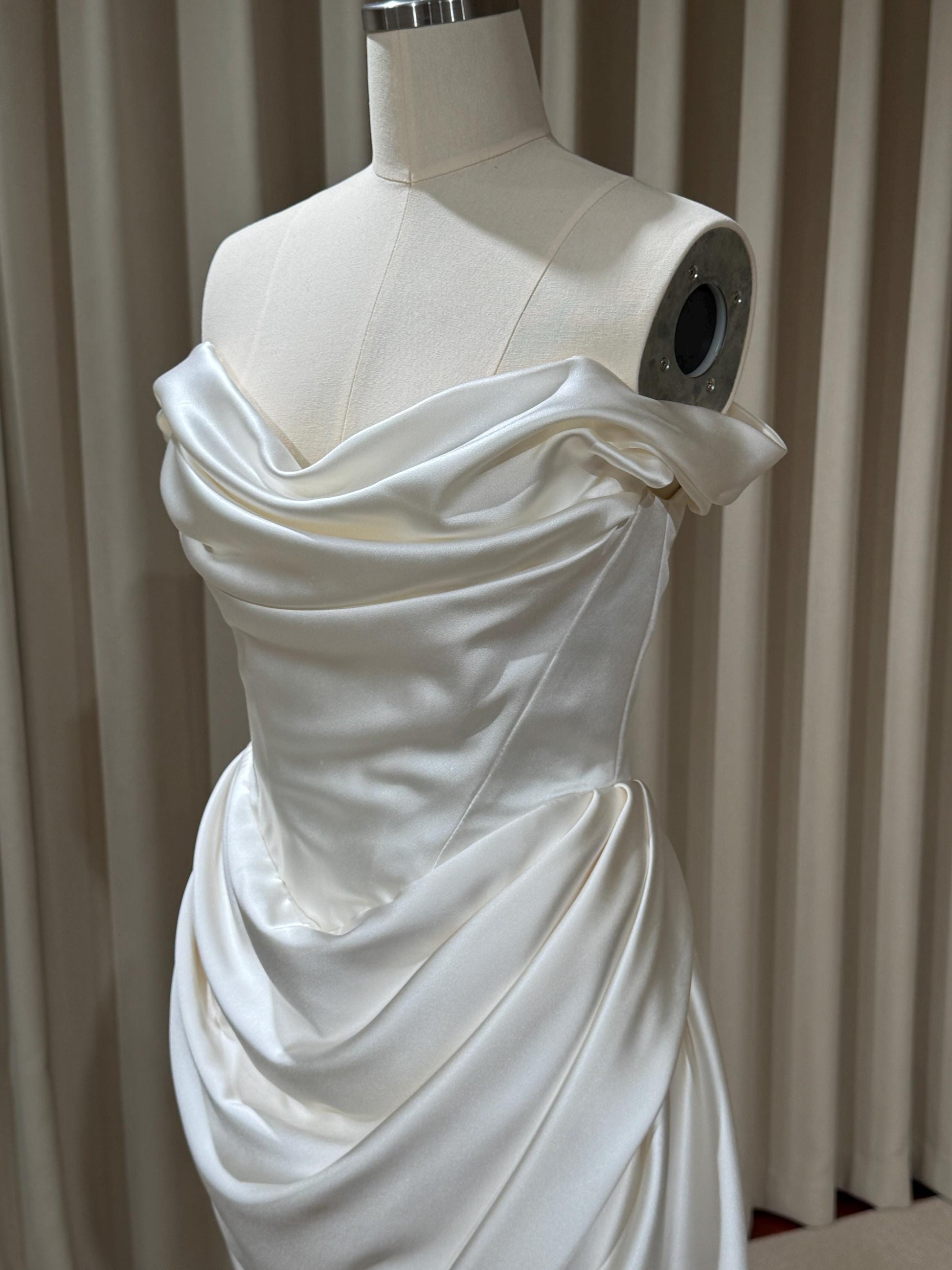 Minimalist Off Shoulder Satin Corset Short Wedding Dress | Blaire