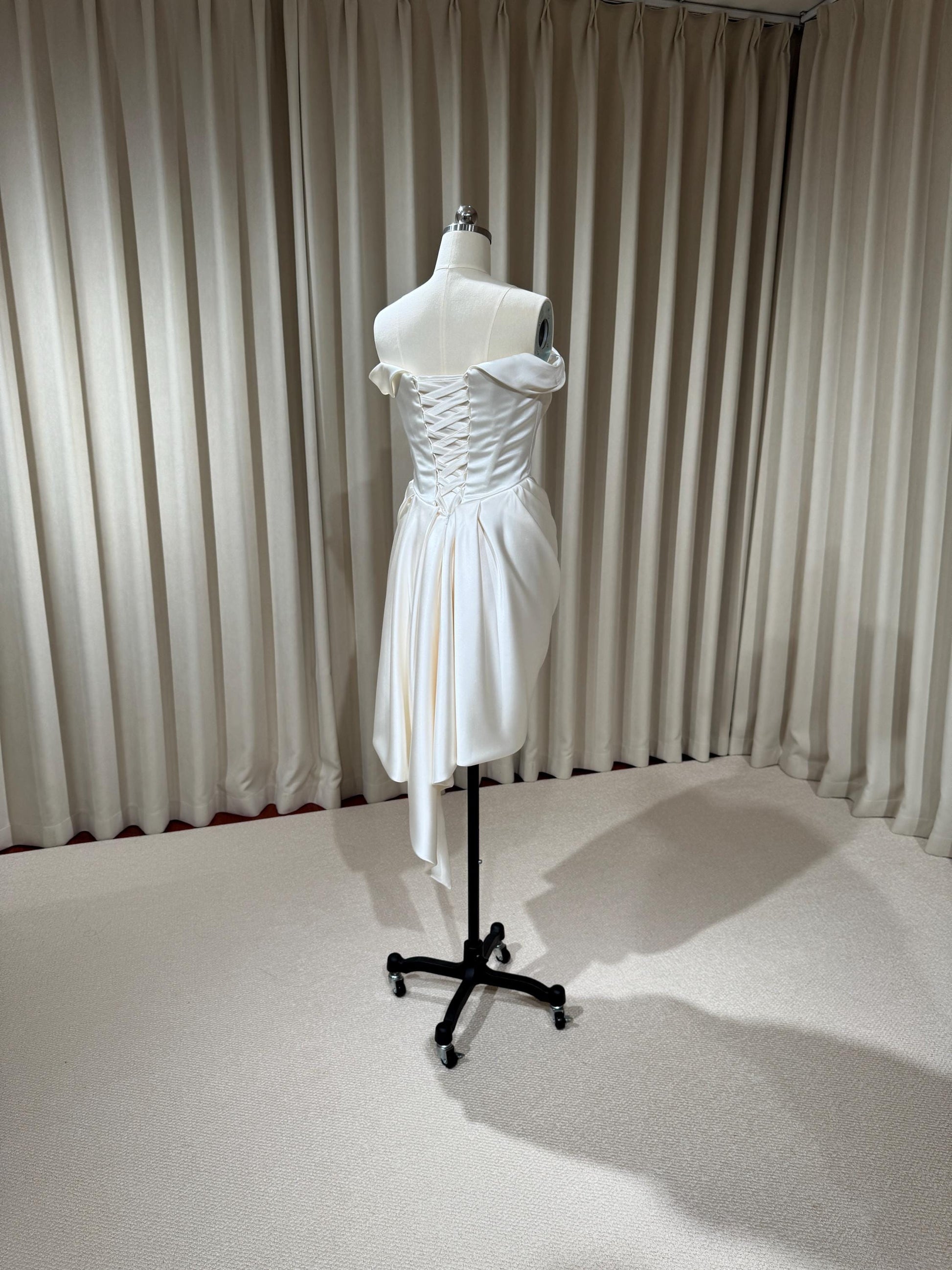 Minimalist Off Shoulder Satin Corset Short Wedding Dress | Blaire