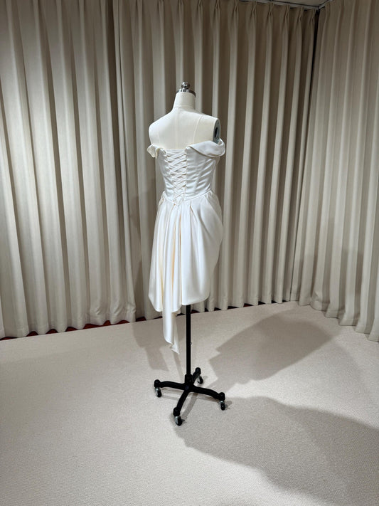 Minimalist Off Shoulder Satin Corset Short Wedding Dress | Blaire