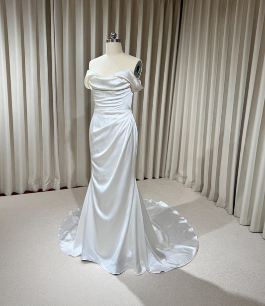Minimalist Off Shoulder Satin Corset Mermaid Wedding Dress | Elene