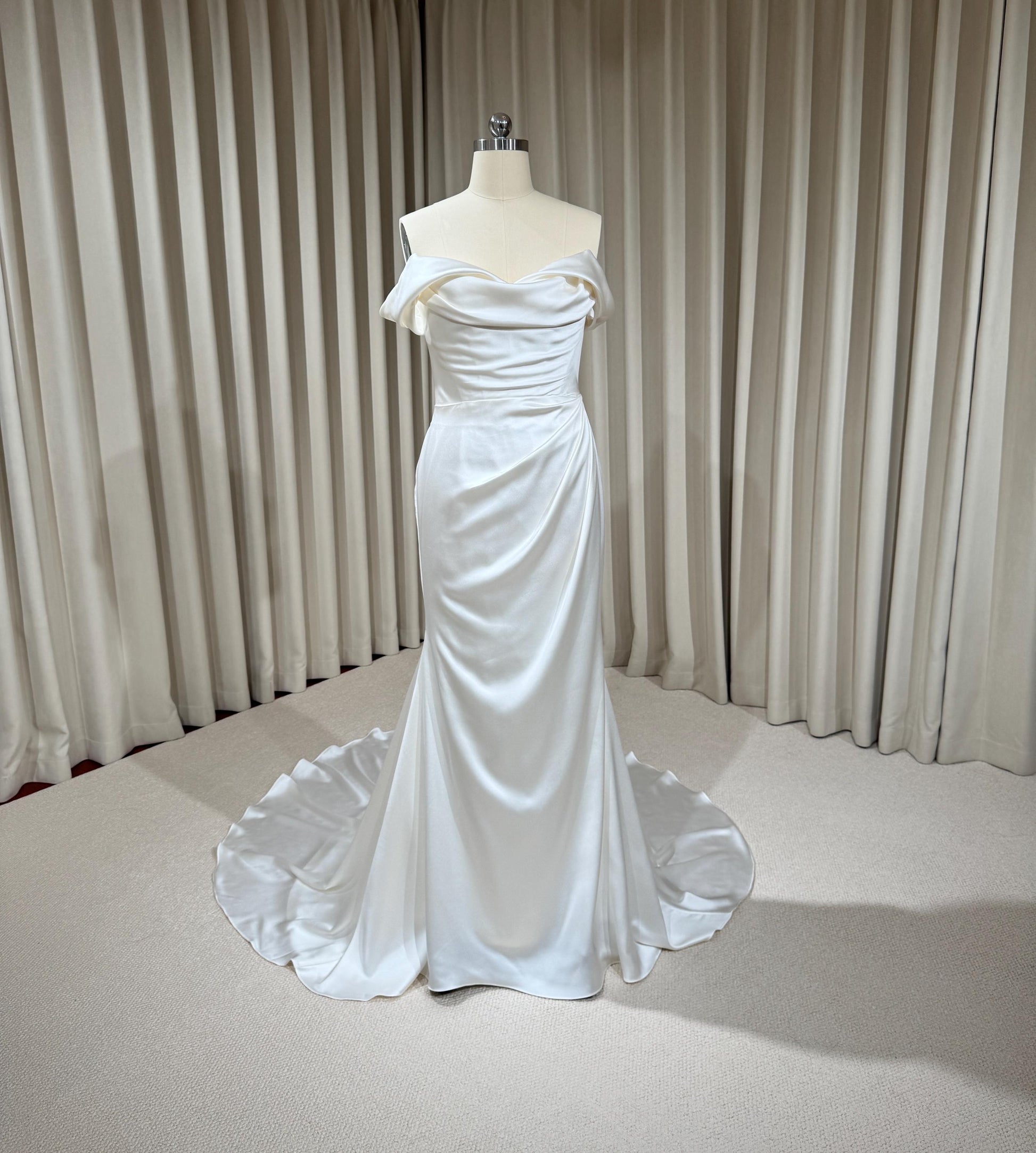 Minimalist Off Shoulder Satin Corset Mermaid Wedding Dress | Elene