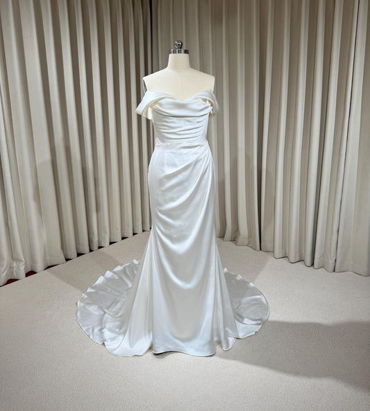 Minimalist Off Shoulder Satin Corset Mermaid Wedding Dress | Elene