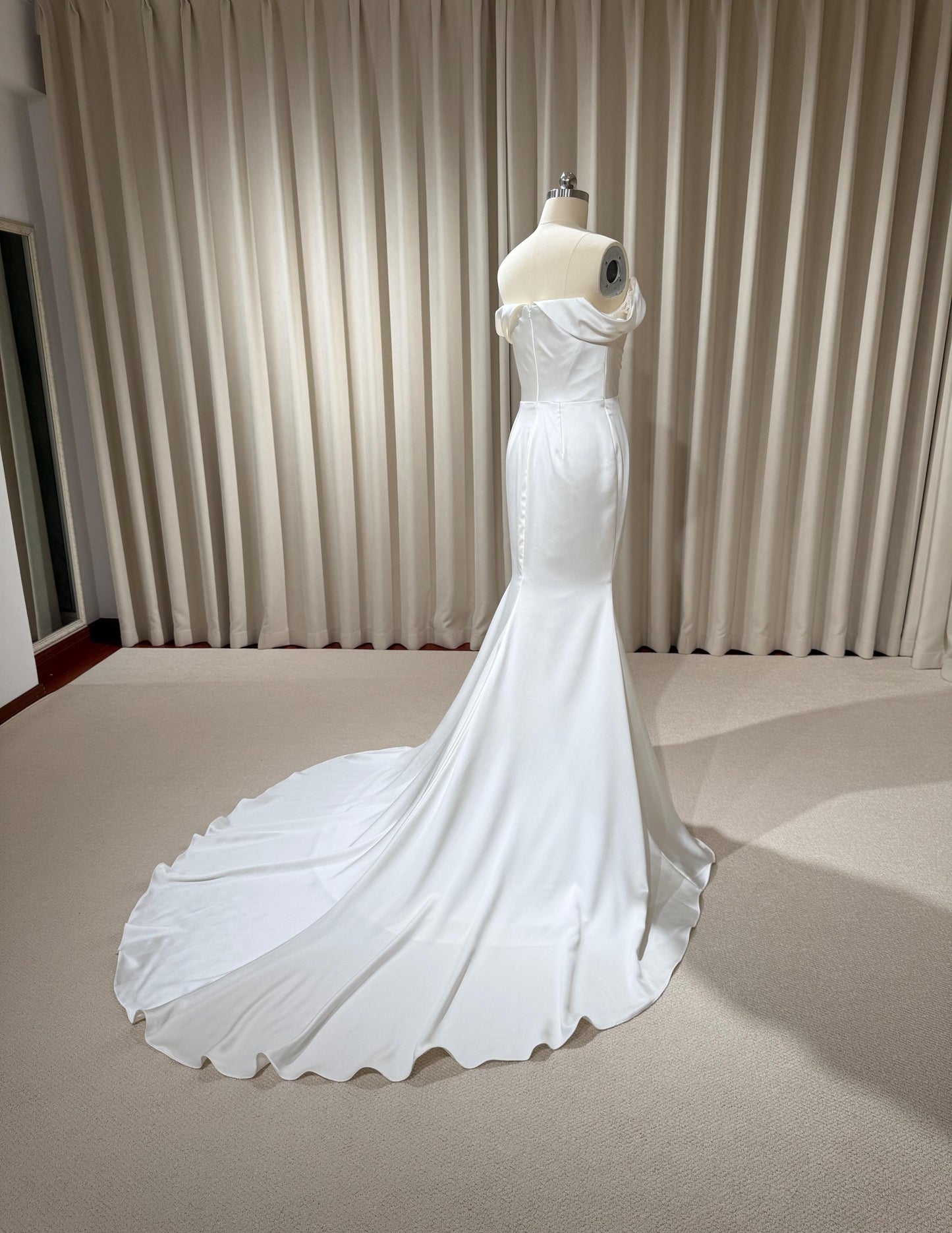 Minimalist Off Shoulder Satin Corset Mermaid Wedding Dress | Elene