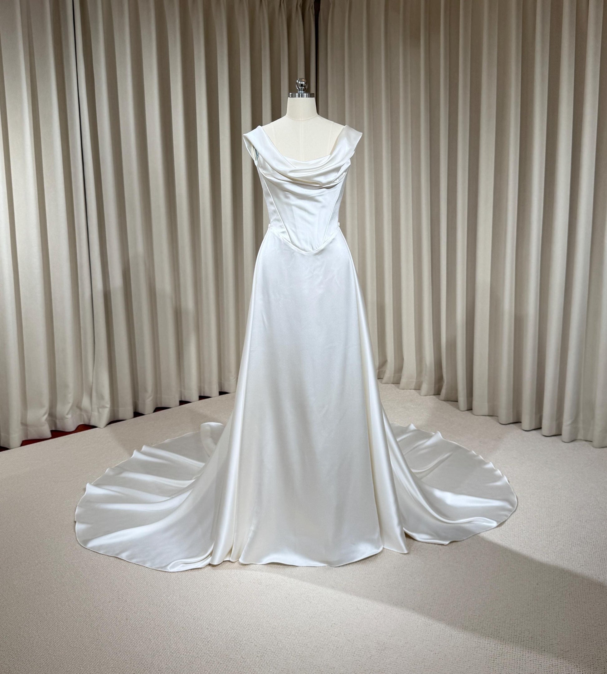 Minimalist Satin Corset Wedding Dress with Detachable Train | Michelle