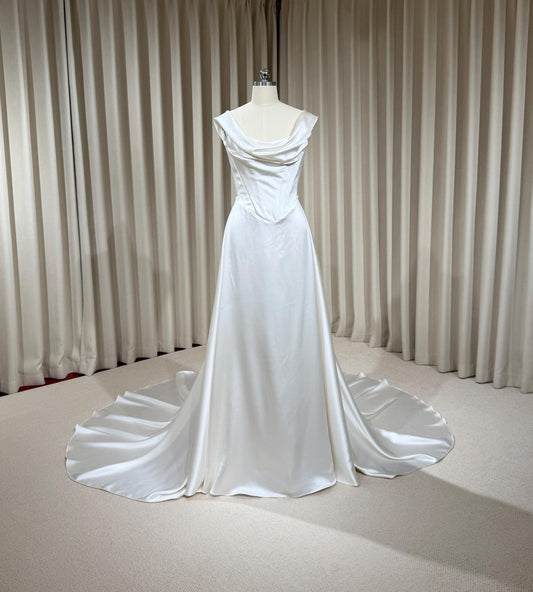 Minimalist Satin Corset Wedding Dress with Detachable Train | Michelle