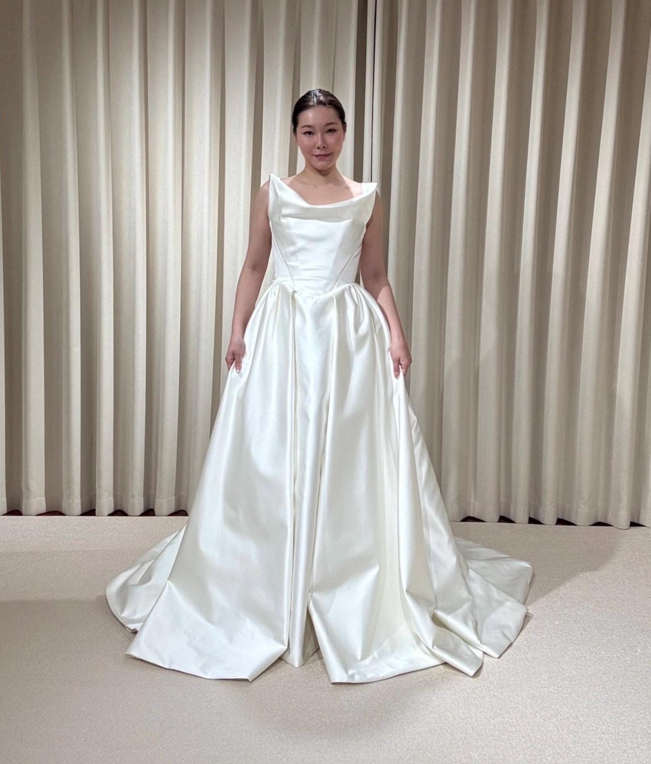 Off Shoulder Basque Waist Unique Satin Wedding Ballgown | Aurelia