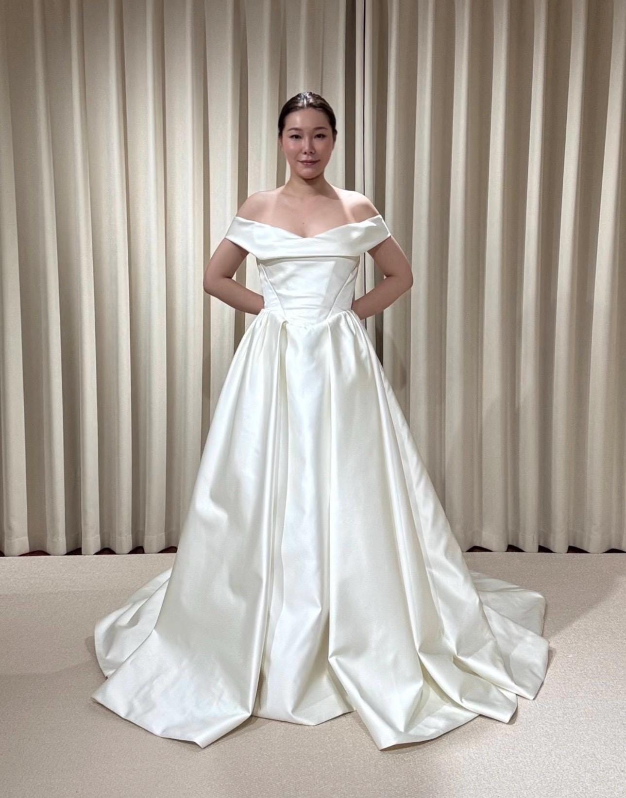 Off Shoulder Basque Waist Unique Satin Wedding Ballgown | Aurelia