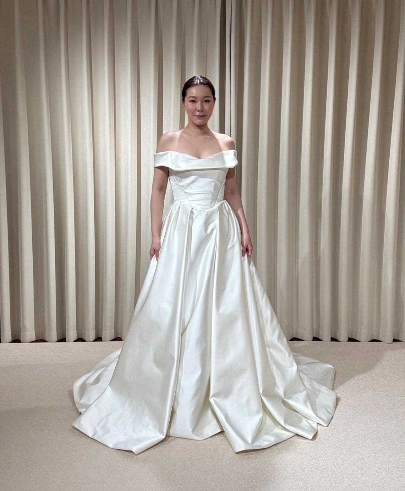 Off Shoulder Basque Waist Unique Satin Wedding Ballgown | Aurelia