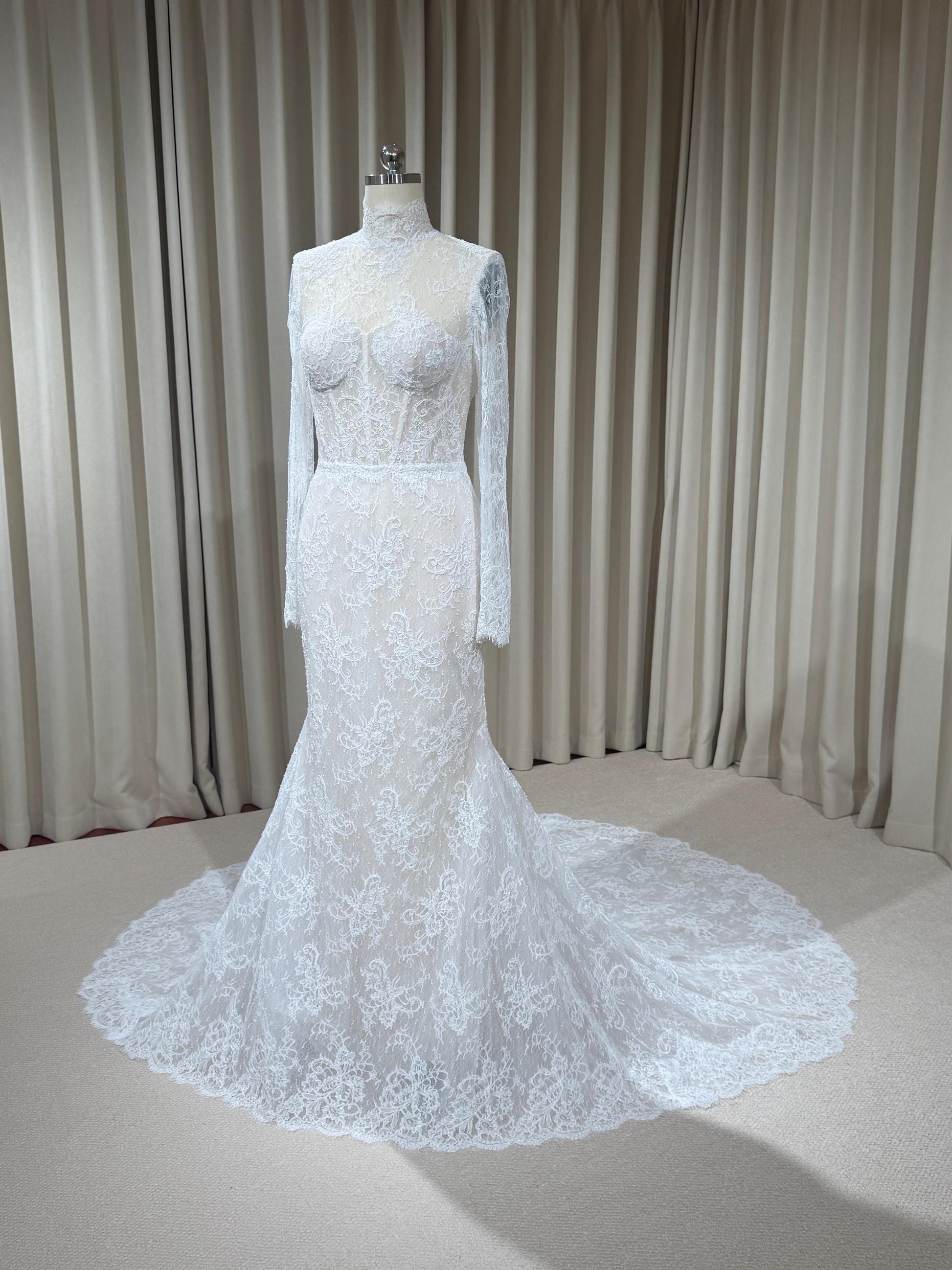 High Neck Long Sleeve Lace Corset Mermaid Wedding Dress with Open Back | Eloise