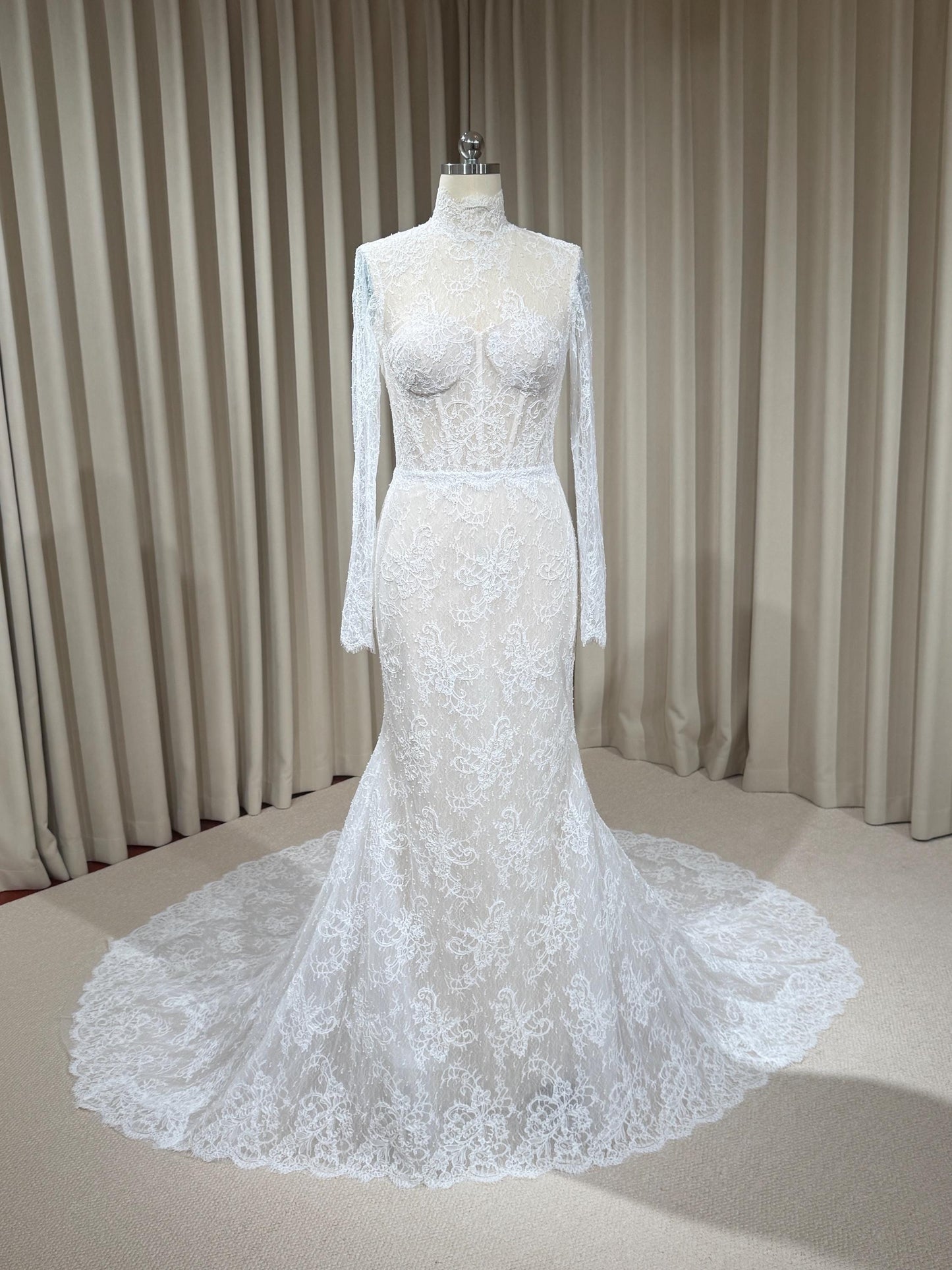 High Neck Long Sleeve Lace Corset Mermaid Wedding Dress with Open Back | Eloise