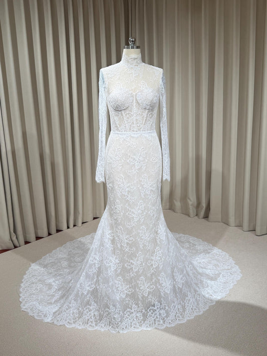 High Neck Long Sleeve Lace Corset Mermaid Wedding Dress with Open Back | Eloise