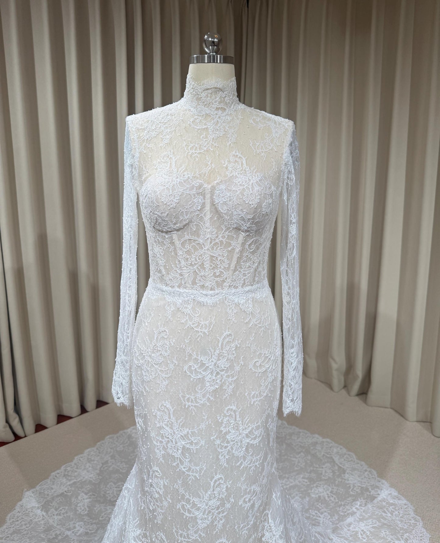 High Neck Long Sleeve Lace Corset Mermaid Wedding Dress with Open Back | Eloise