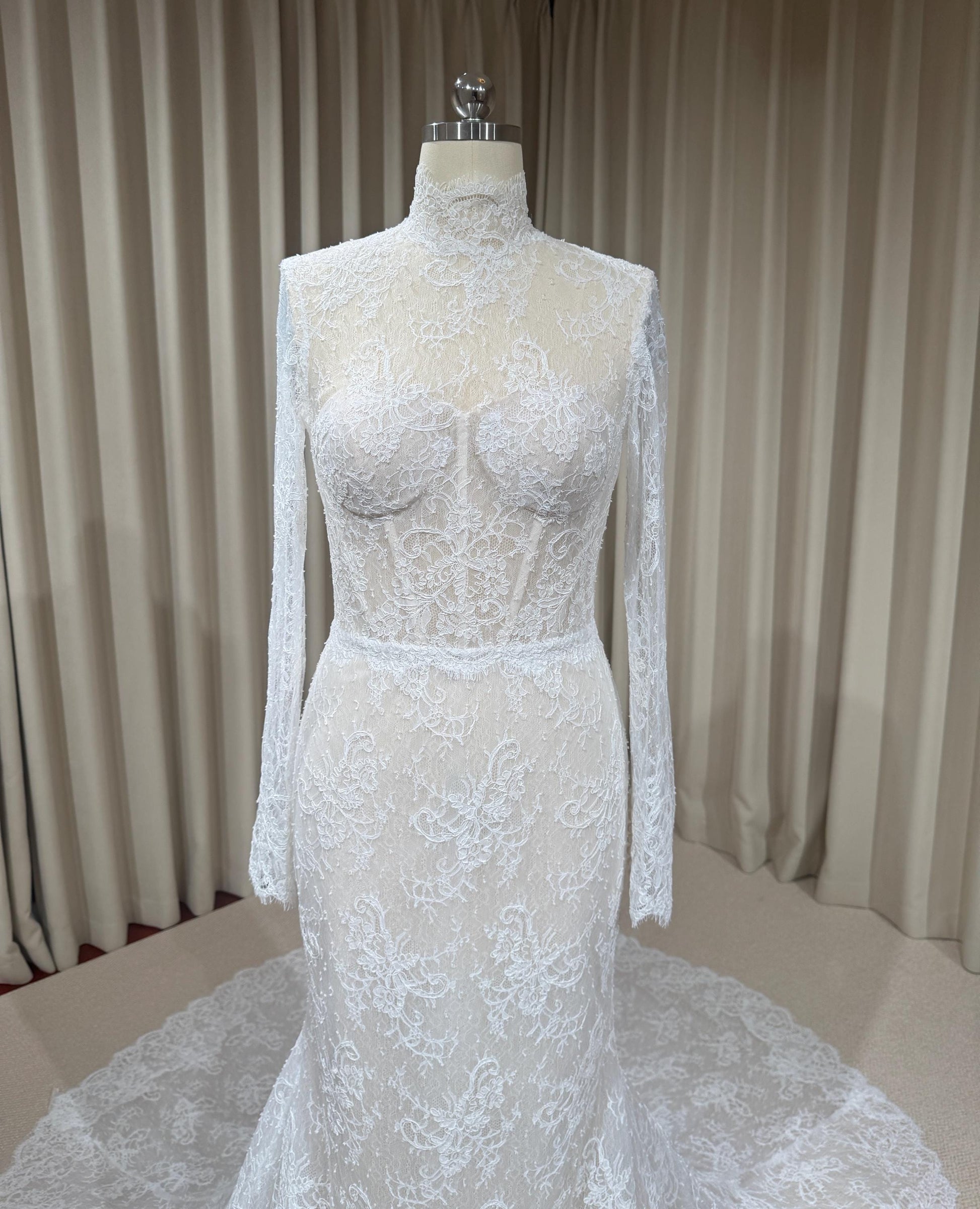 High Neck Long Sleeve Lace Corset Mermaid Wedding Dress with Open Back | Eloise