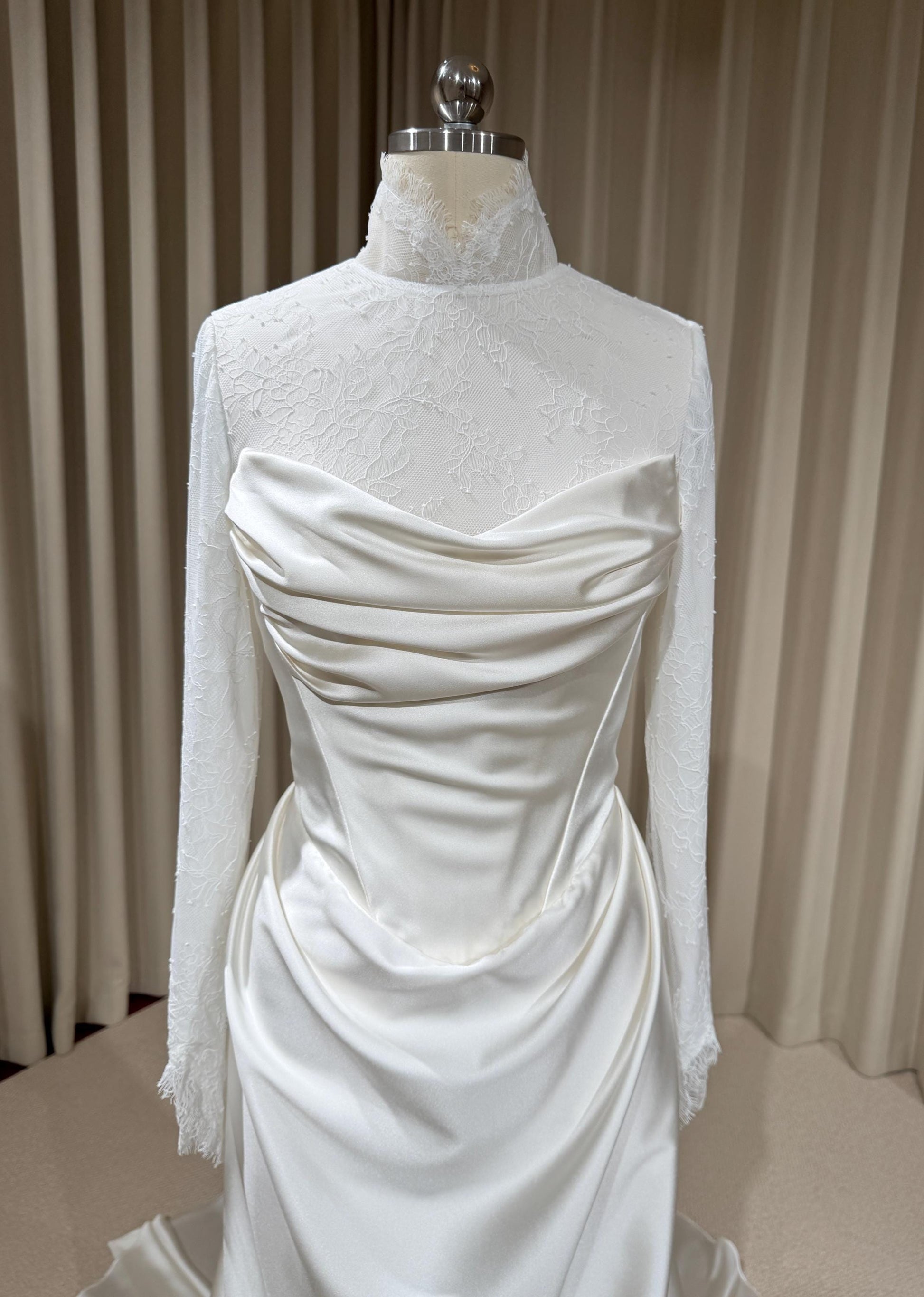 Minimalist High Neck Long Sleeve Lace Top and Satin Corset Wedding Dress with Detachable Train | Hannan