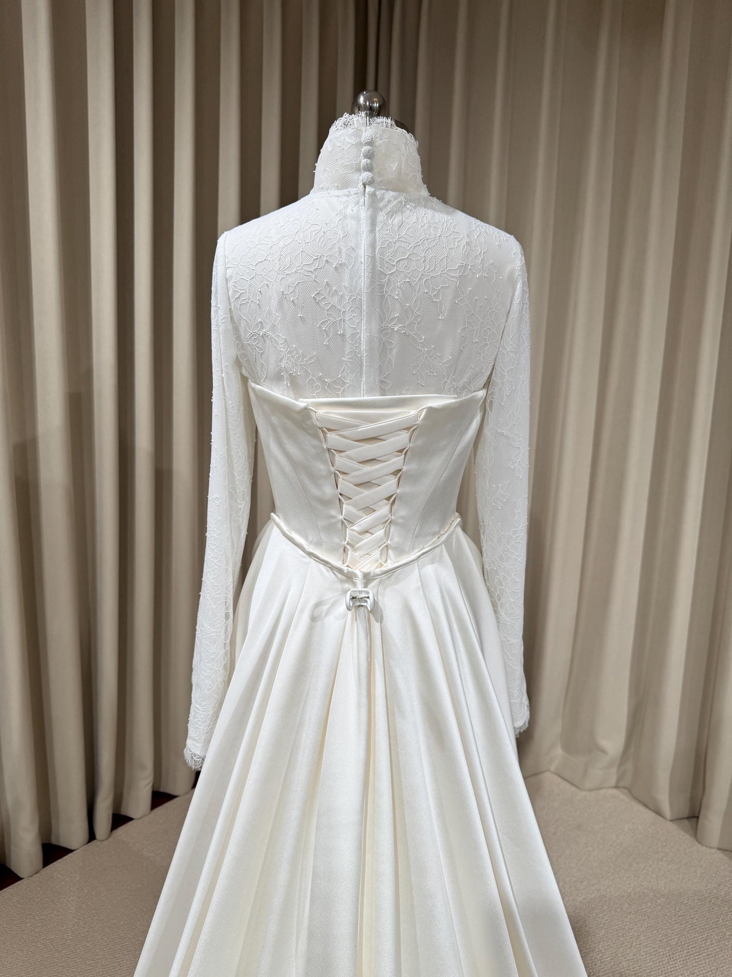 Minimalist High Neck Long Sleeve Lace Top and Satin Corset Wedding Dress with Detachable Train | Hannan
