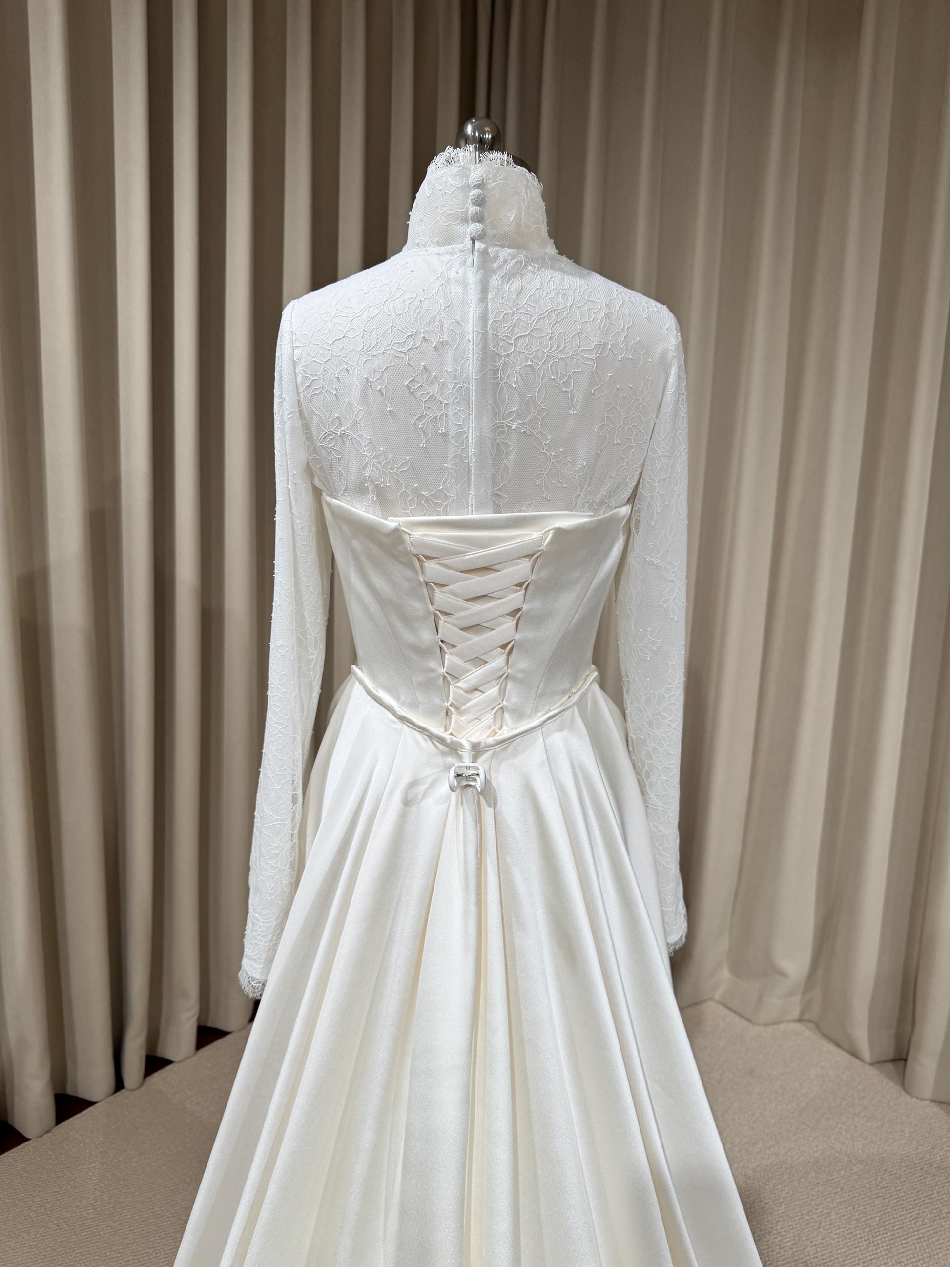 Minimalist High Neck Long Sleeve Lace Top and Satin Corset Wedding Dress with Detachable Train | Hannan