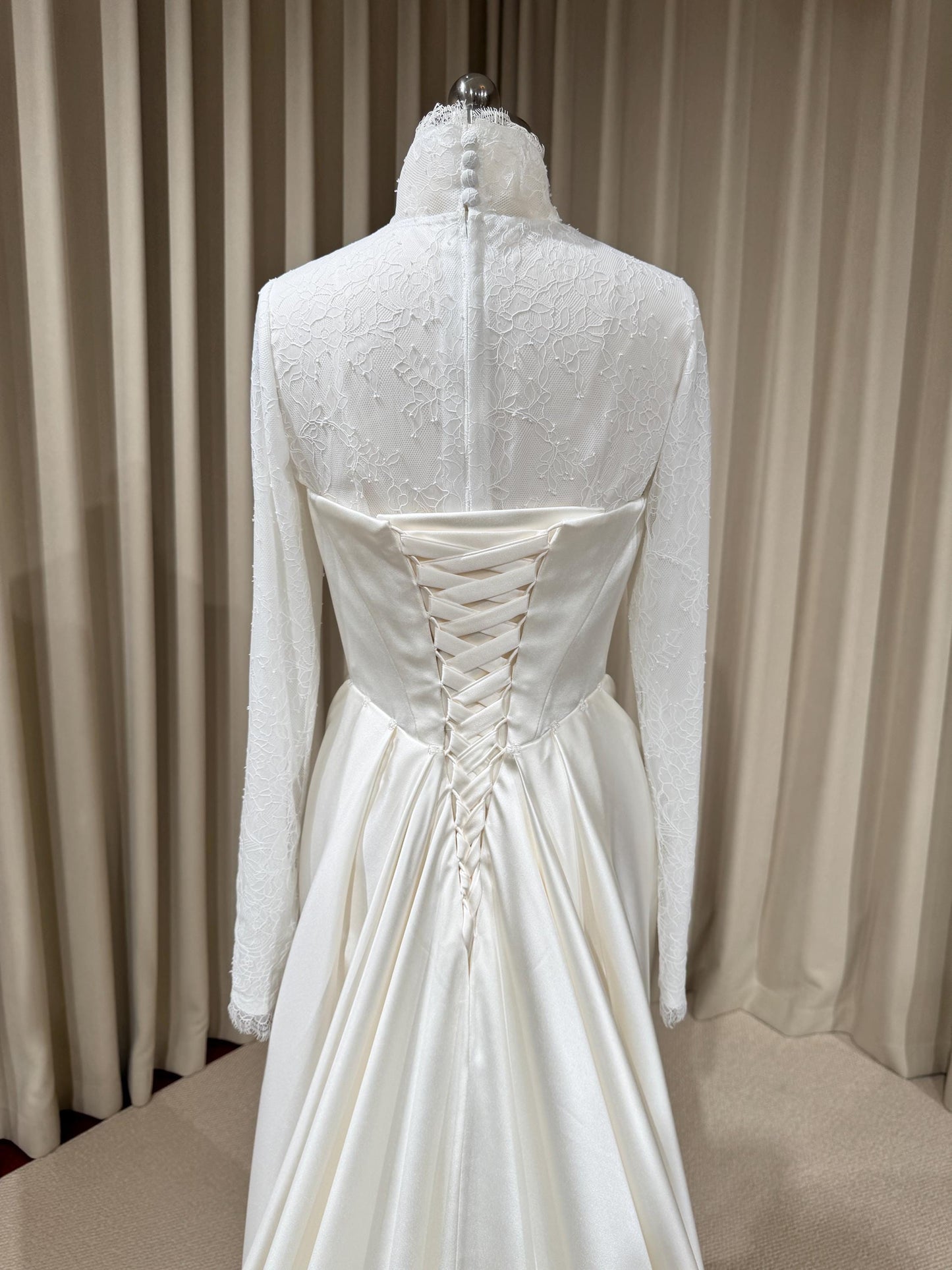 Minimalist High Neck Long Sleeve Lace Top and Satin Corset Wedding Dress with Detachable Train | Hannan