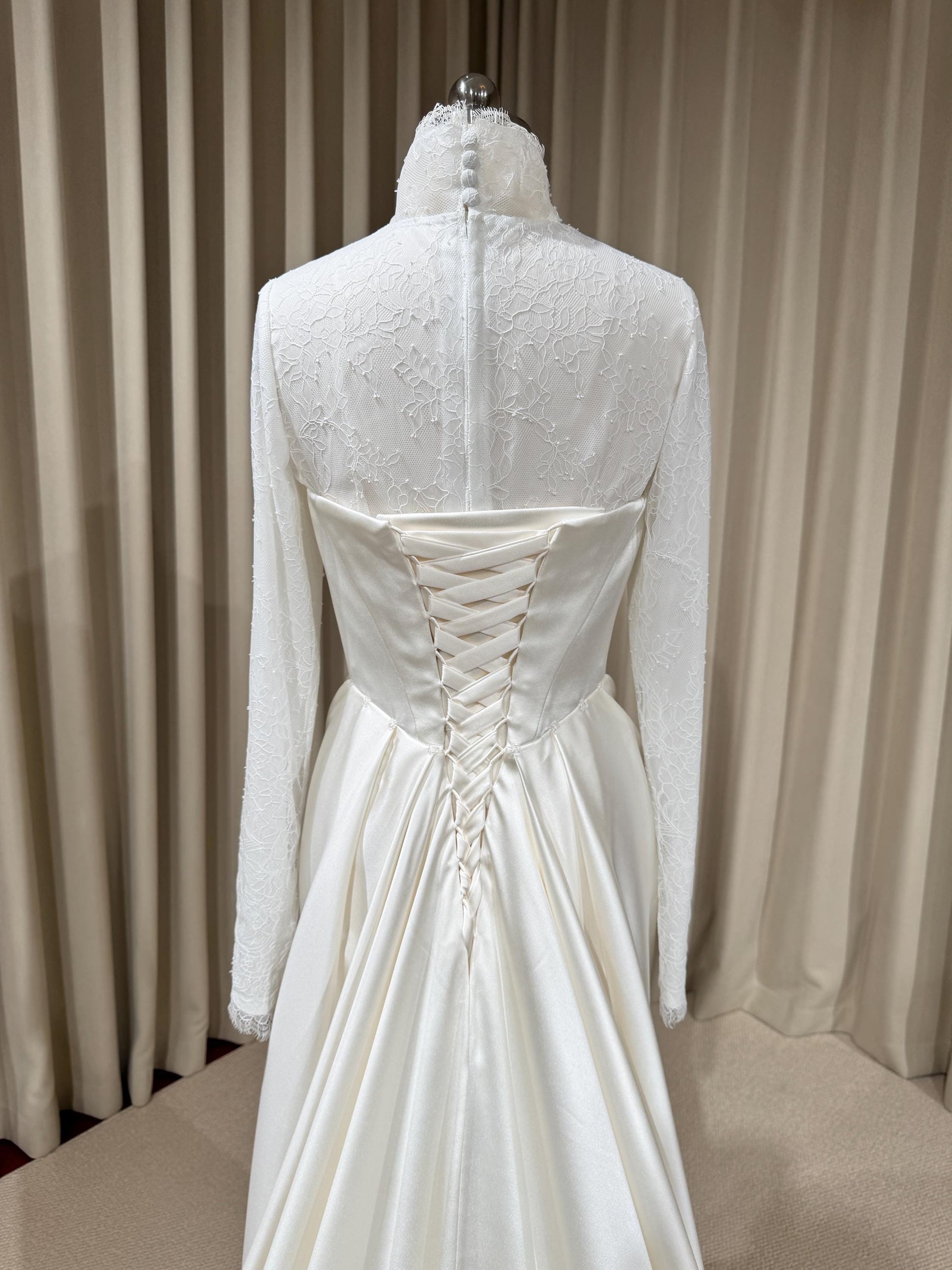 Minimalist High Neck Long Sleeve Lace Top and Satin Corset Wedding Dress with Detachable Train | Hannan